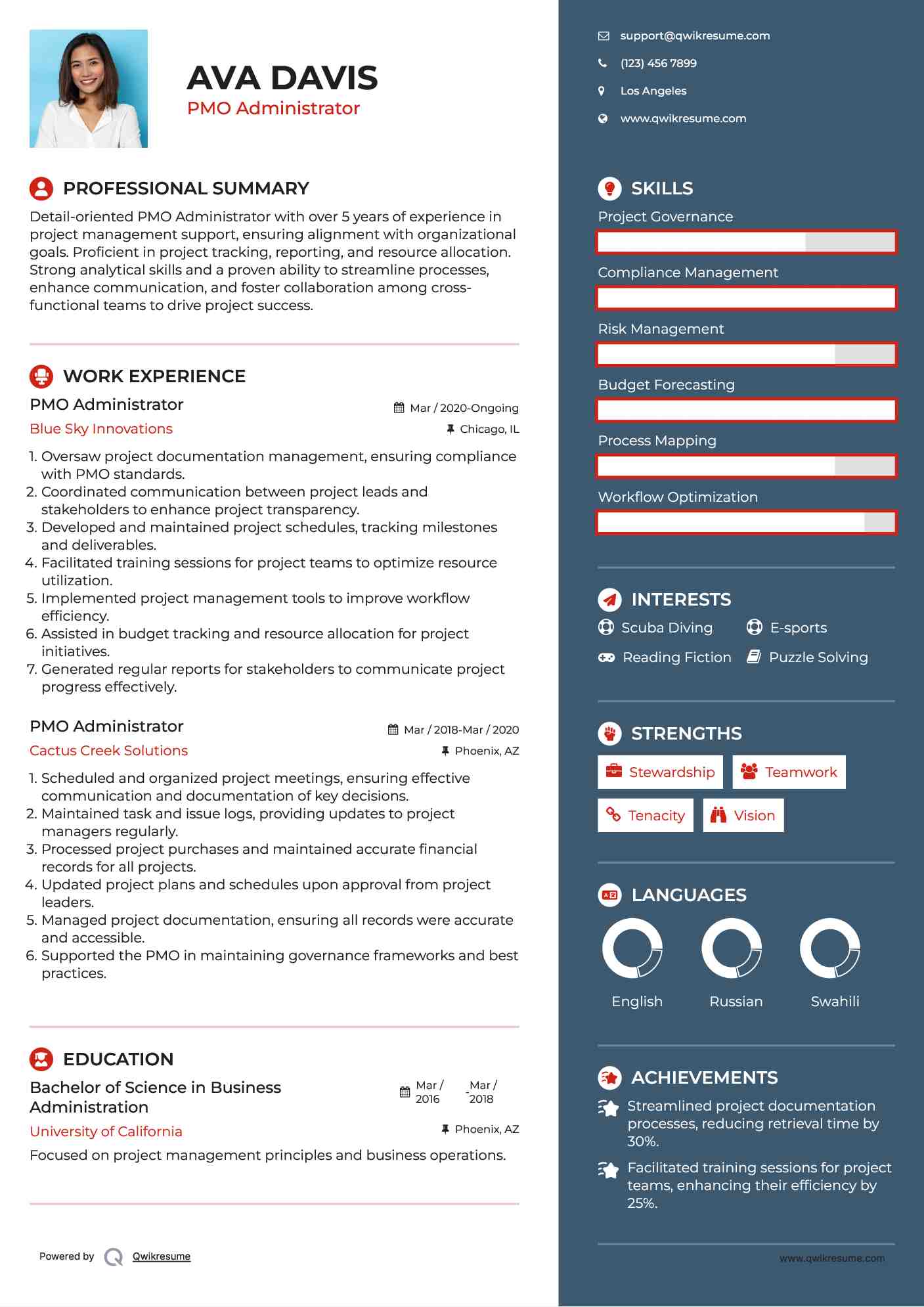 PMO Administrator Resume Sample