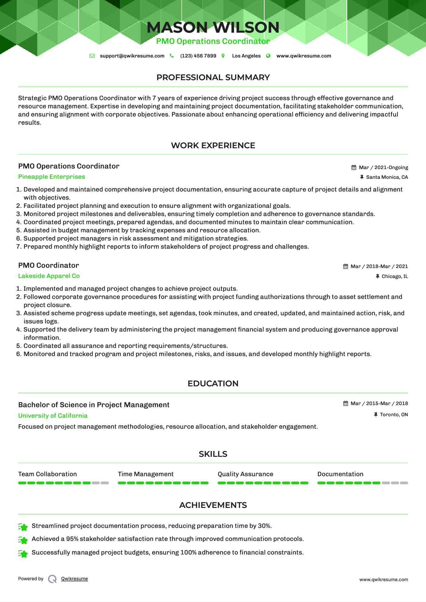 PMO Operations Coordinator Resume Model
