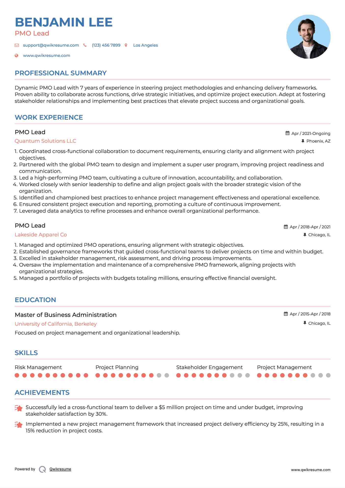PMO Lead Resume Example