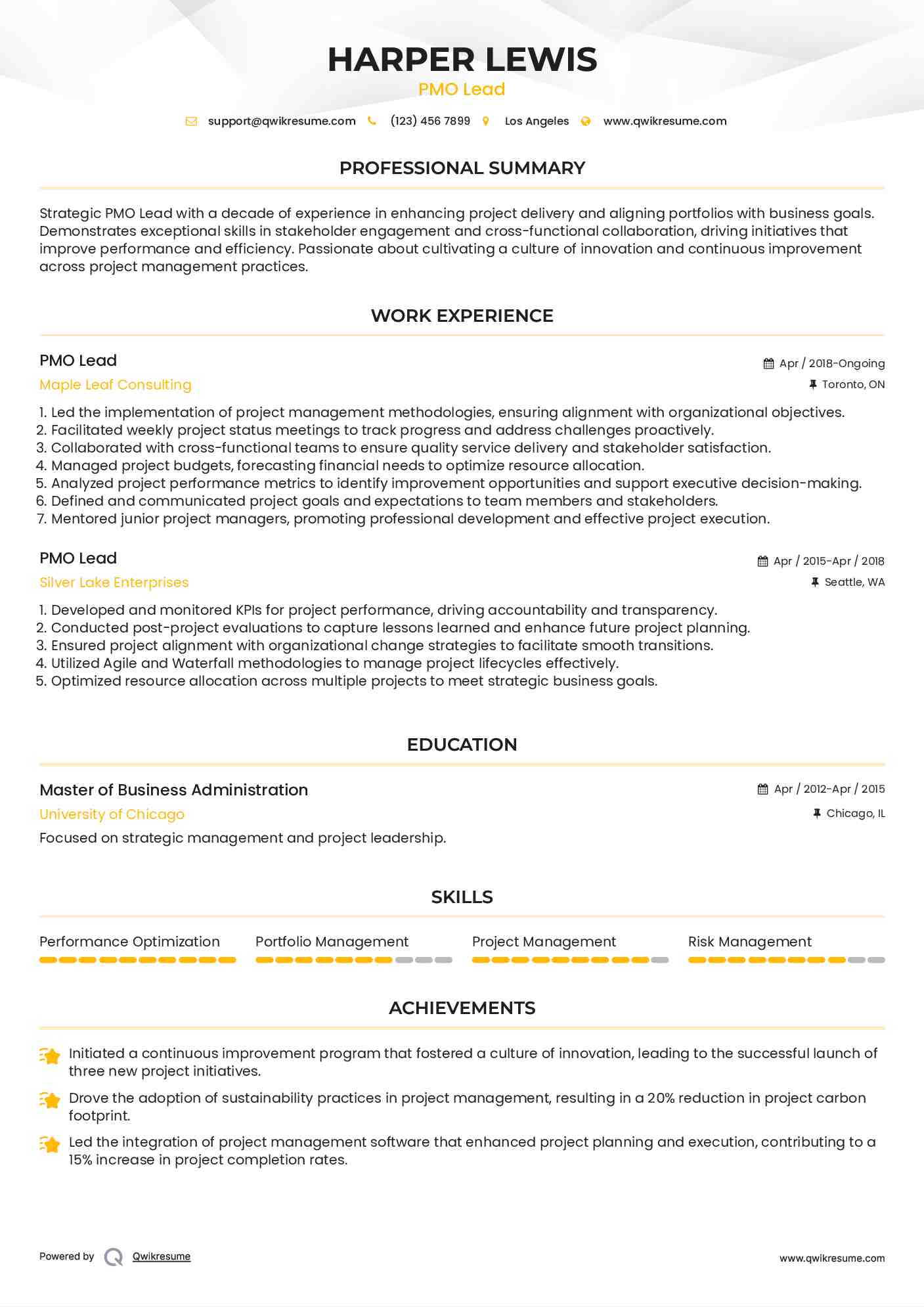 PMO Lead Resume Model