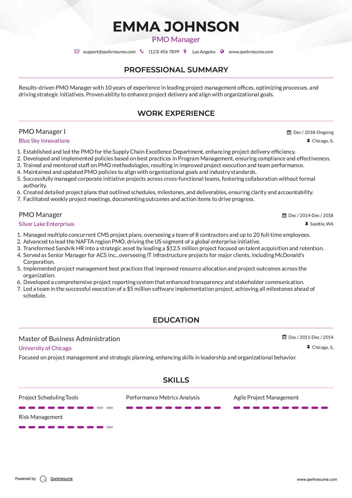 PMO Manager I Resume Format