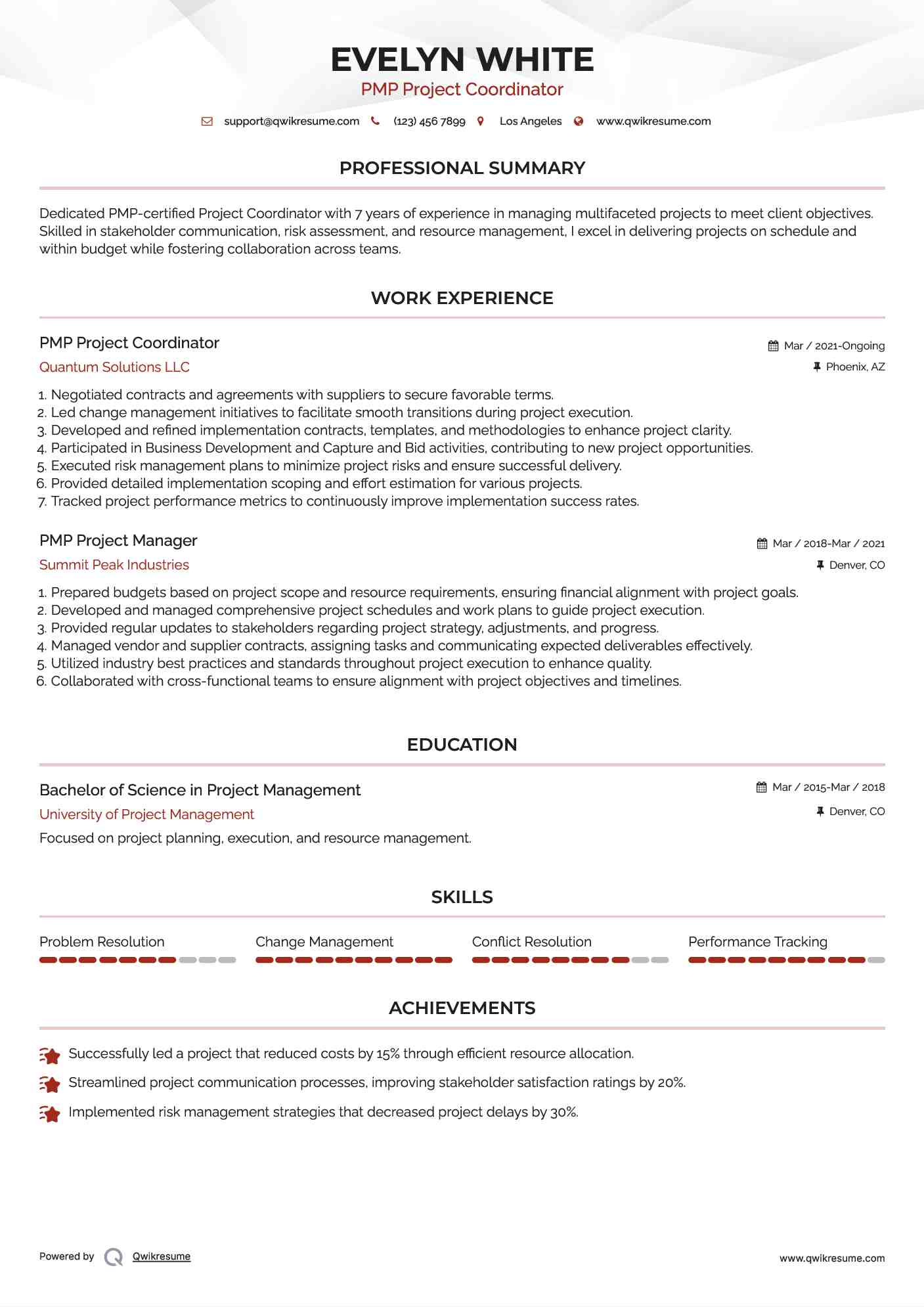 PMP Project Coordinator Resume Template