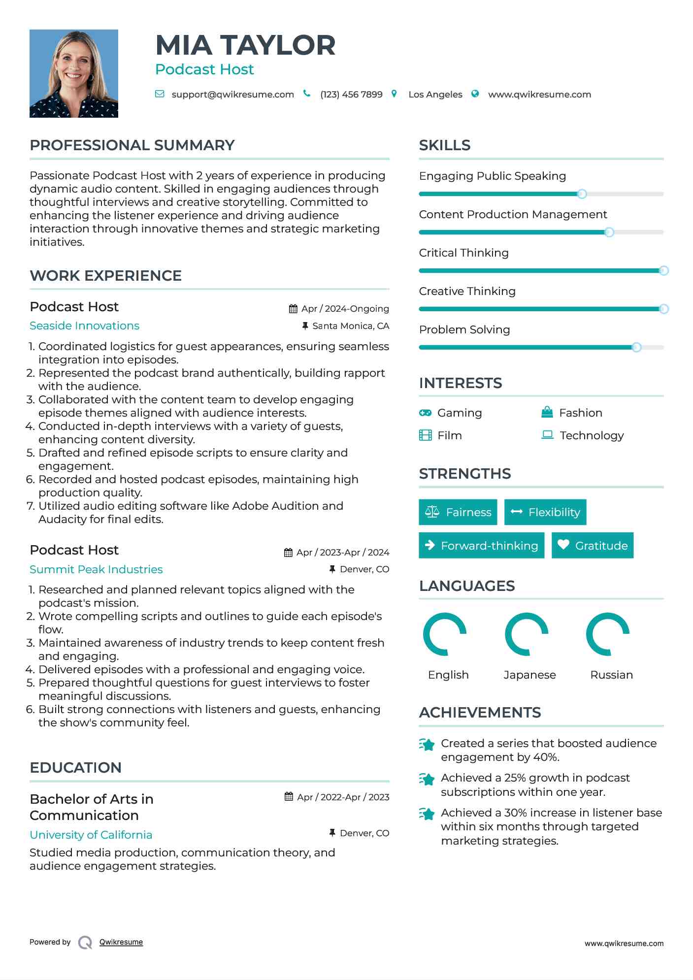 Podcast Host Resume Example