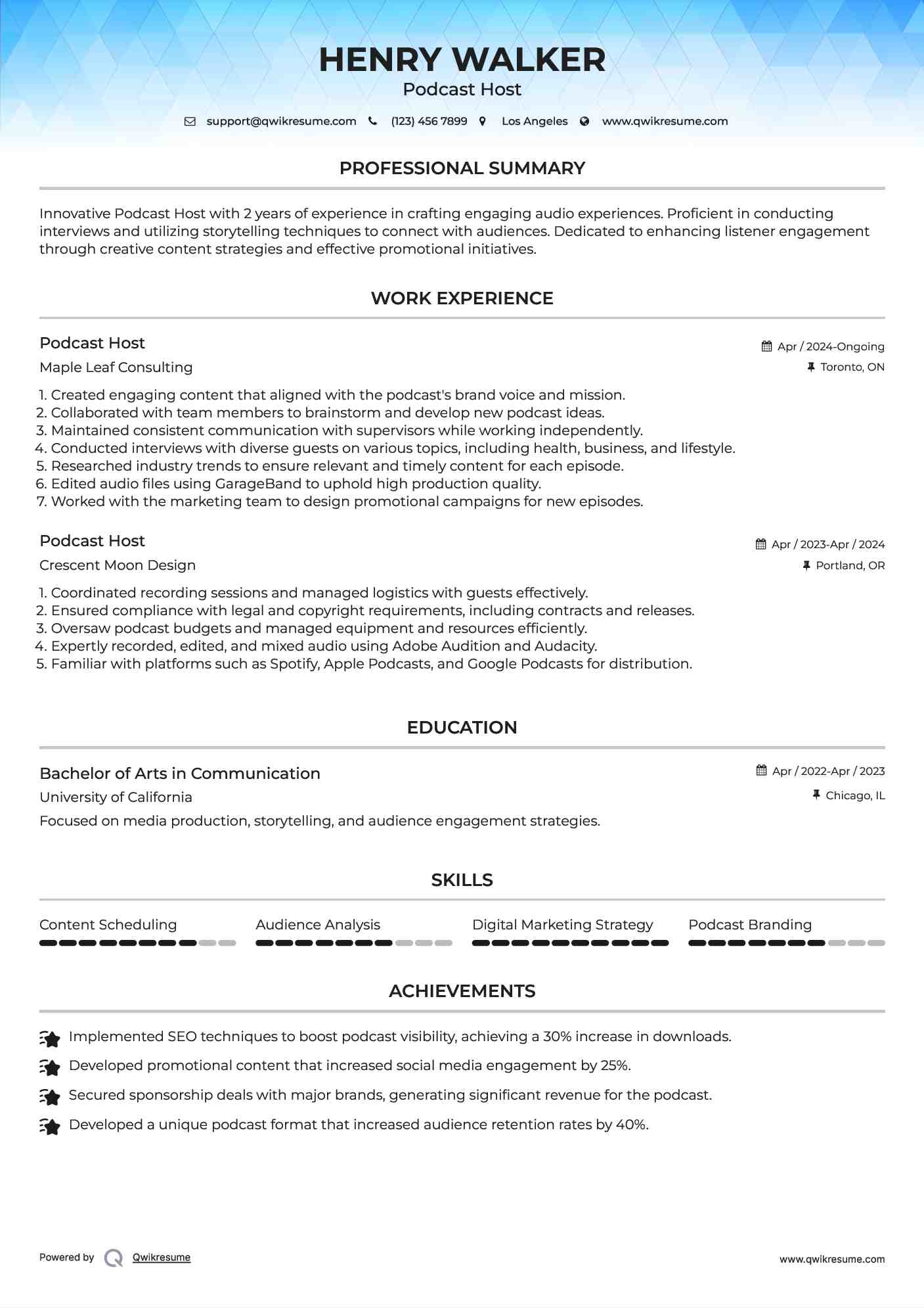 Podcast Host Resume Model