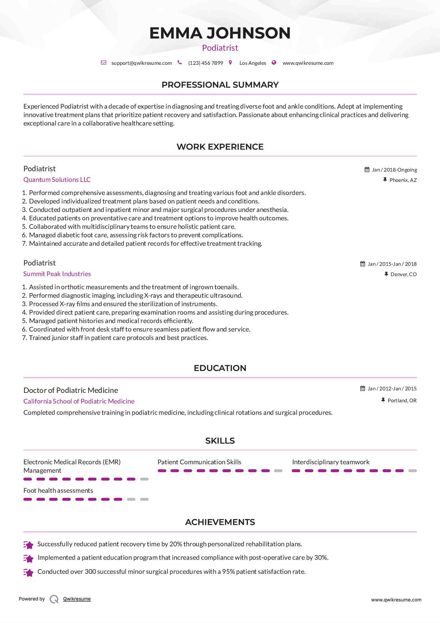Podiatrist Resume Model