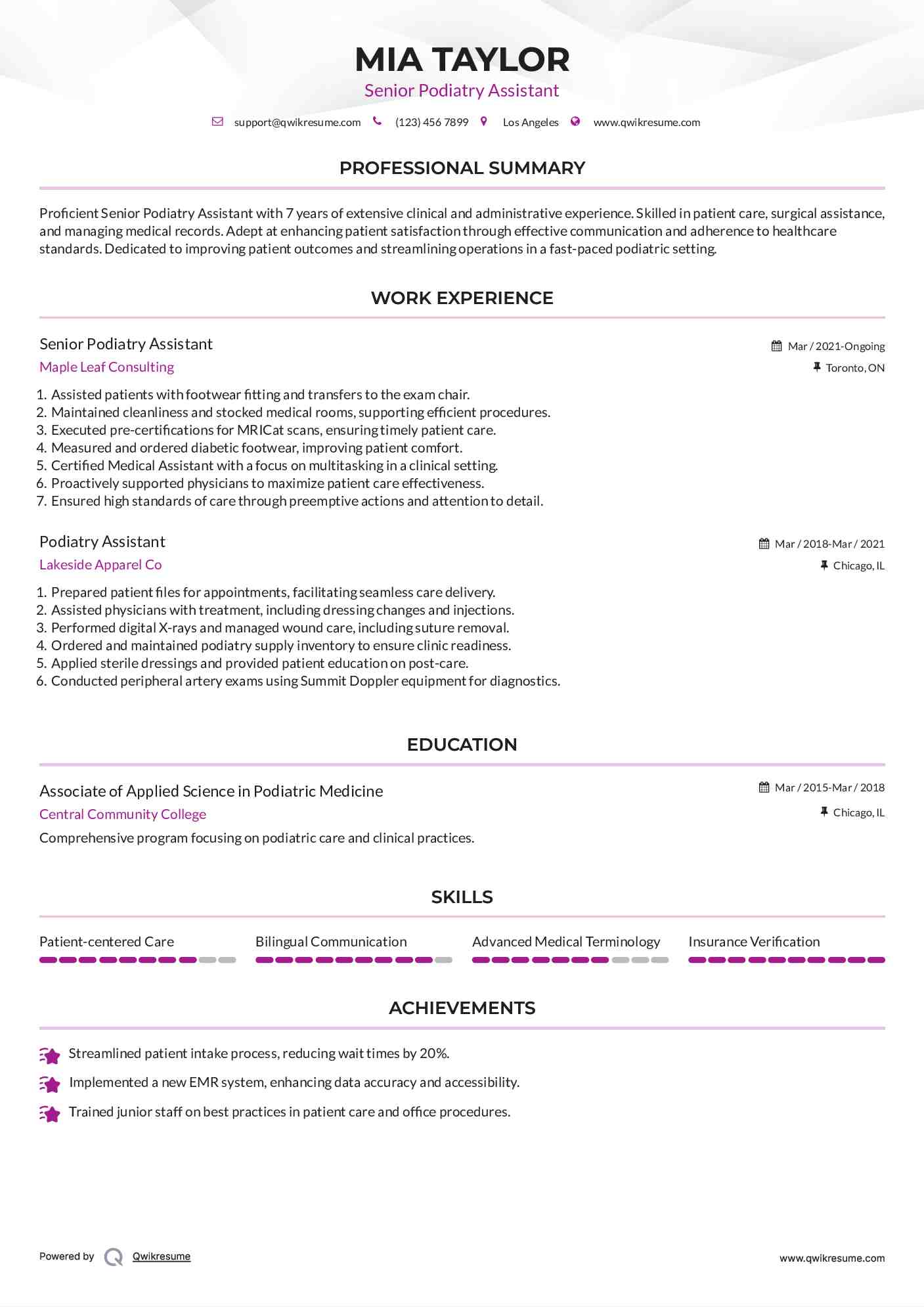 Senior Podiatry Assistant Resume Sample