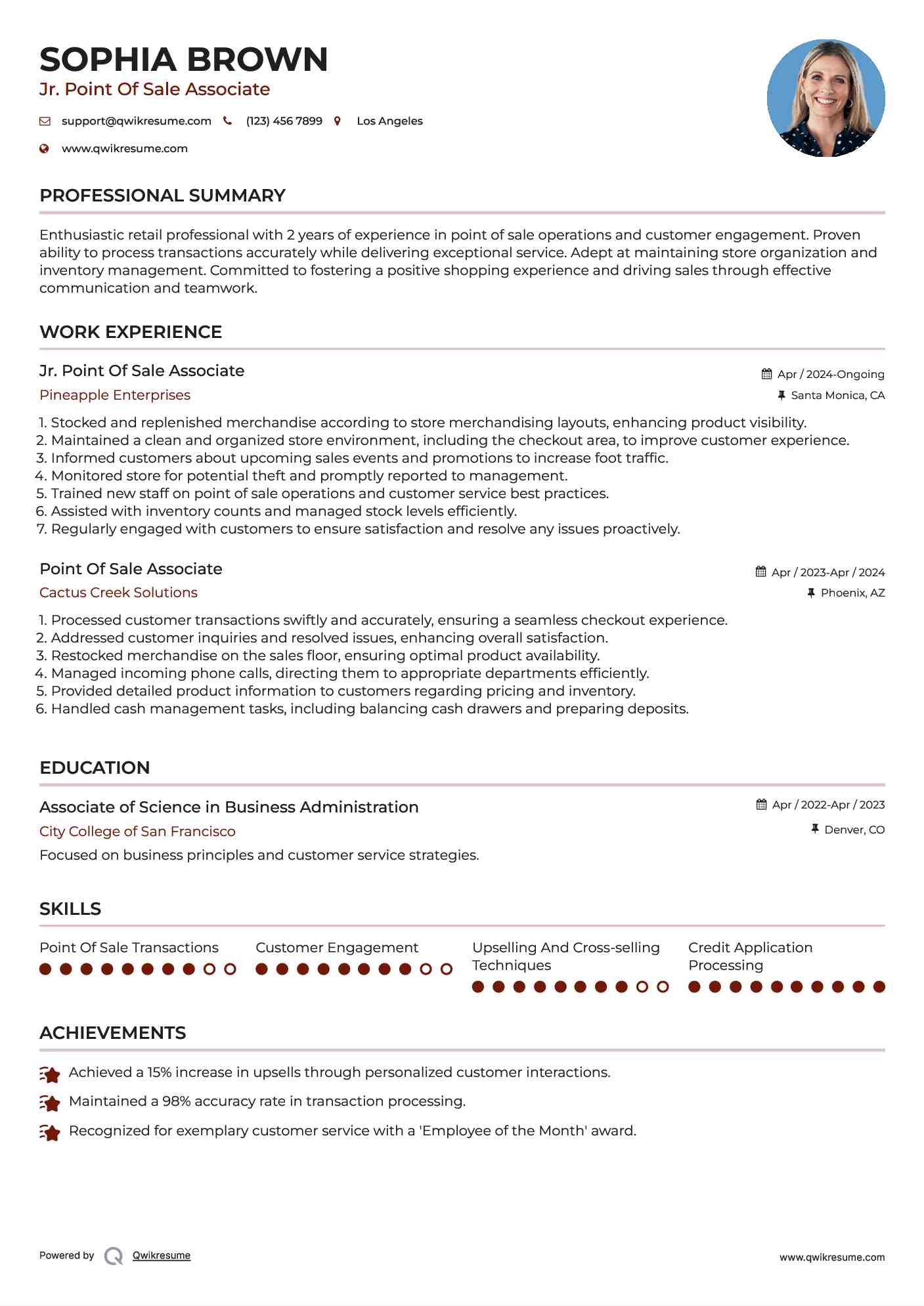 Jr. Point Of Sale Associate Resume Sample