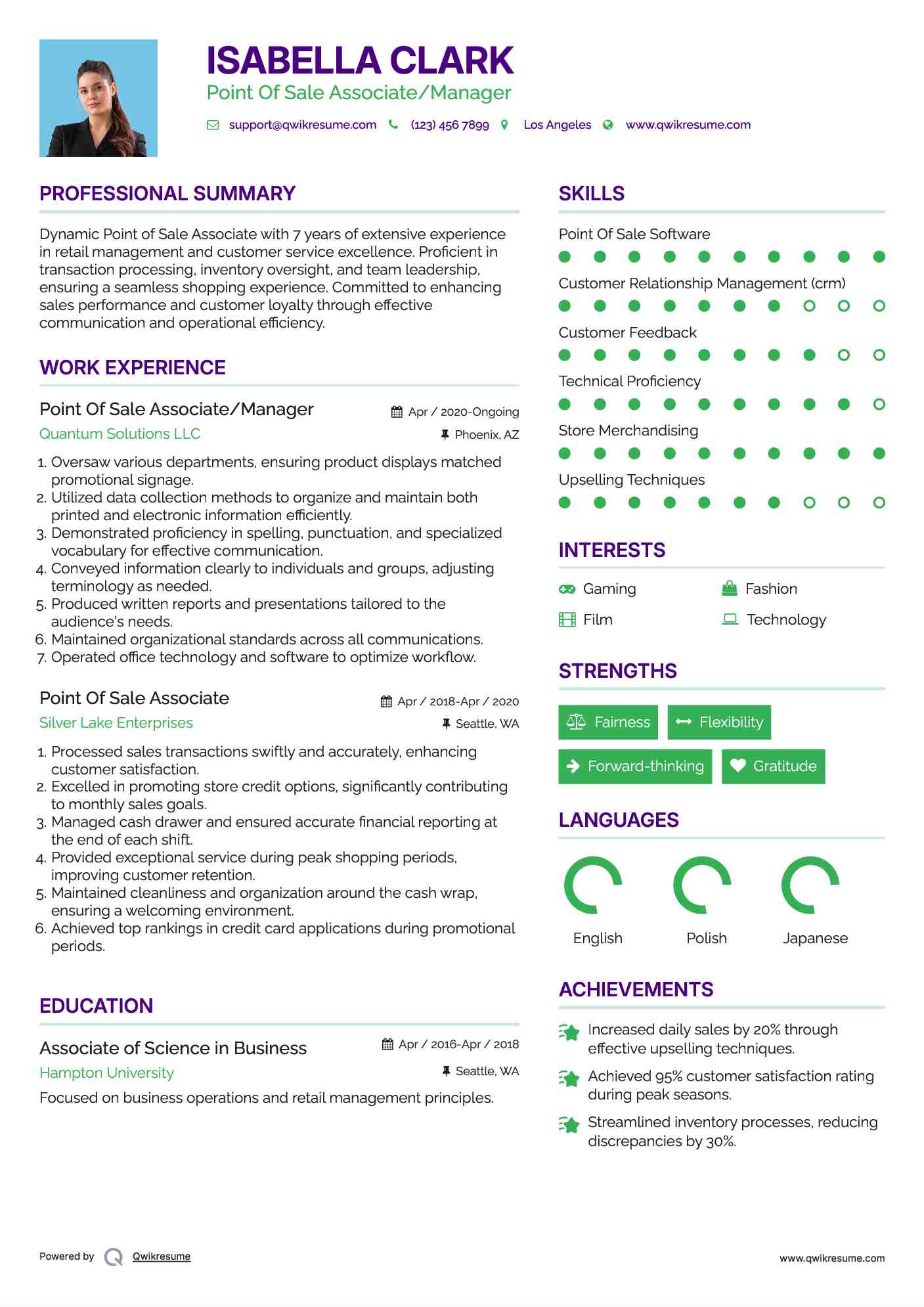 Point Of Sale Associate/Manager Resume Format