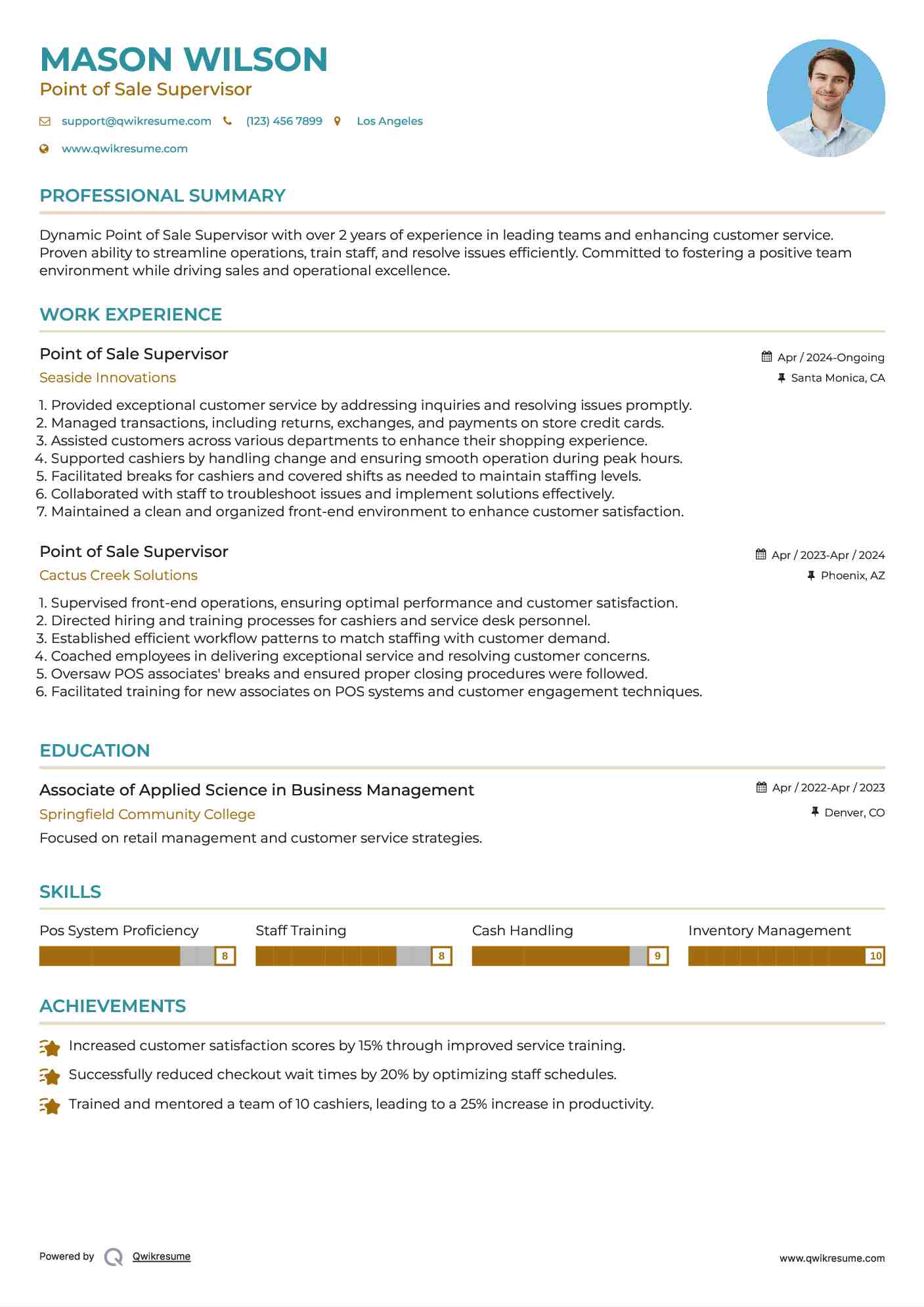 Point of Sale Supervisor Resume Sample