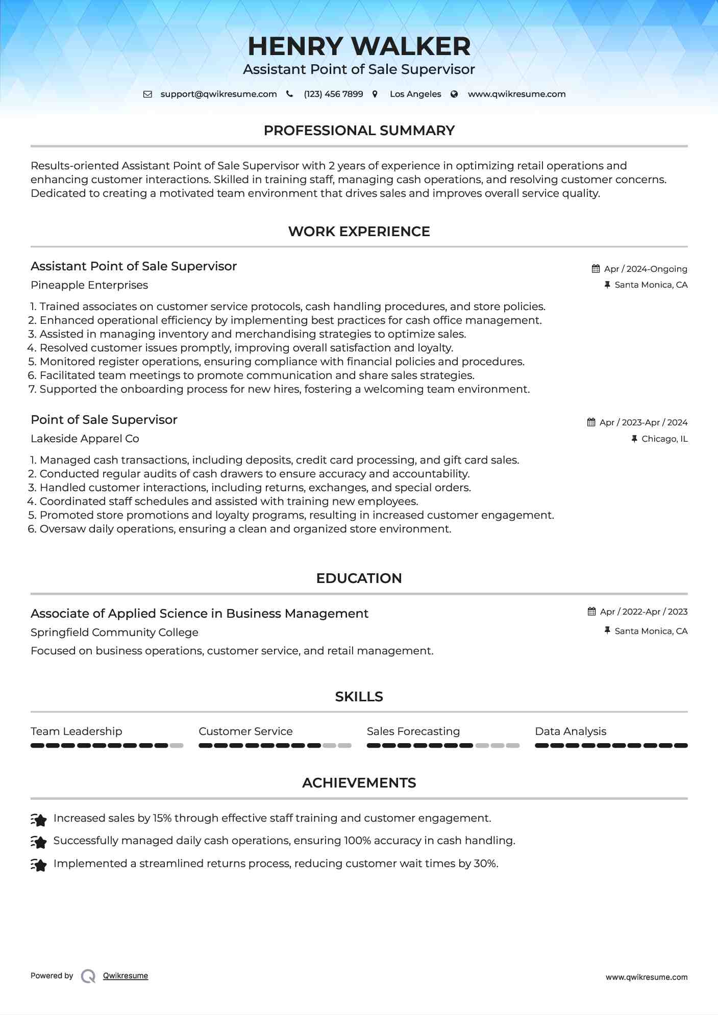 Assistant Point of Sale Supervisor Resume Format
