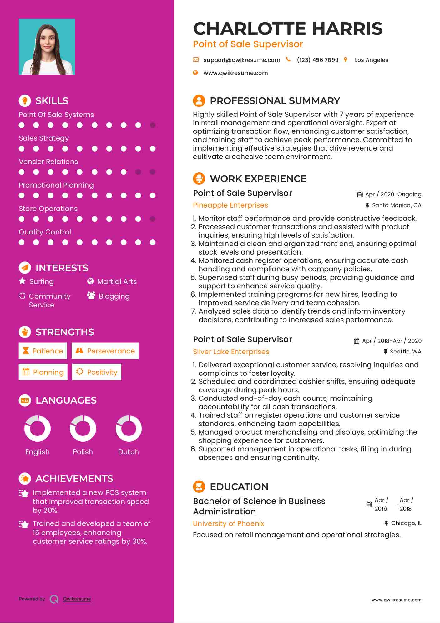 Point of Sale Supervisor Resume Sample