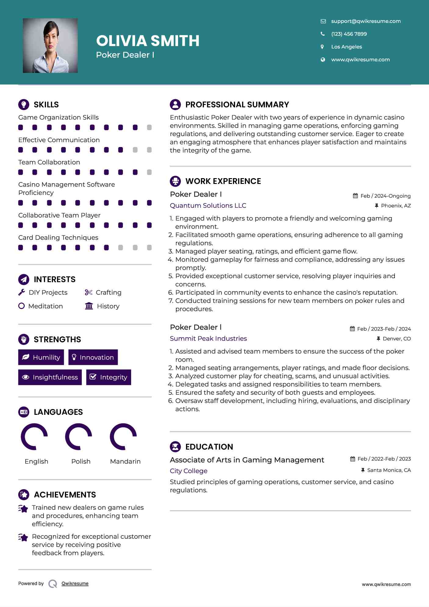 Poker Dealer I Resume Example