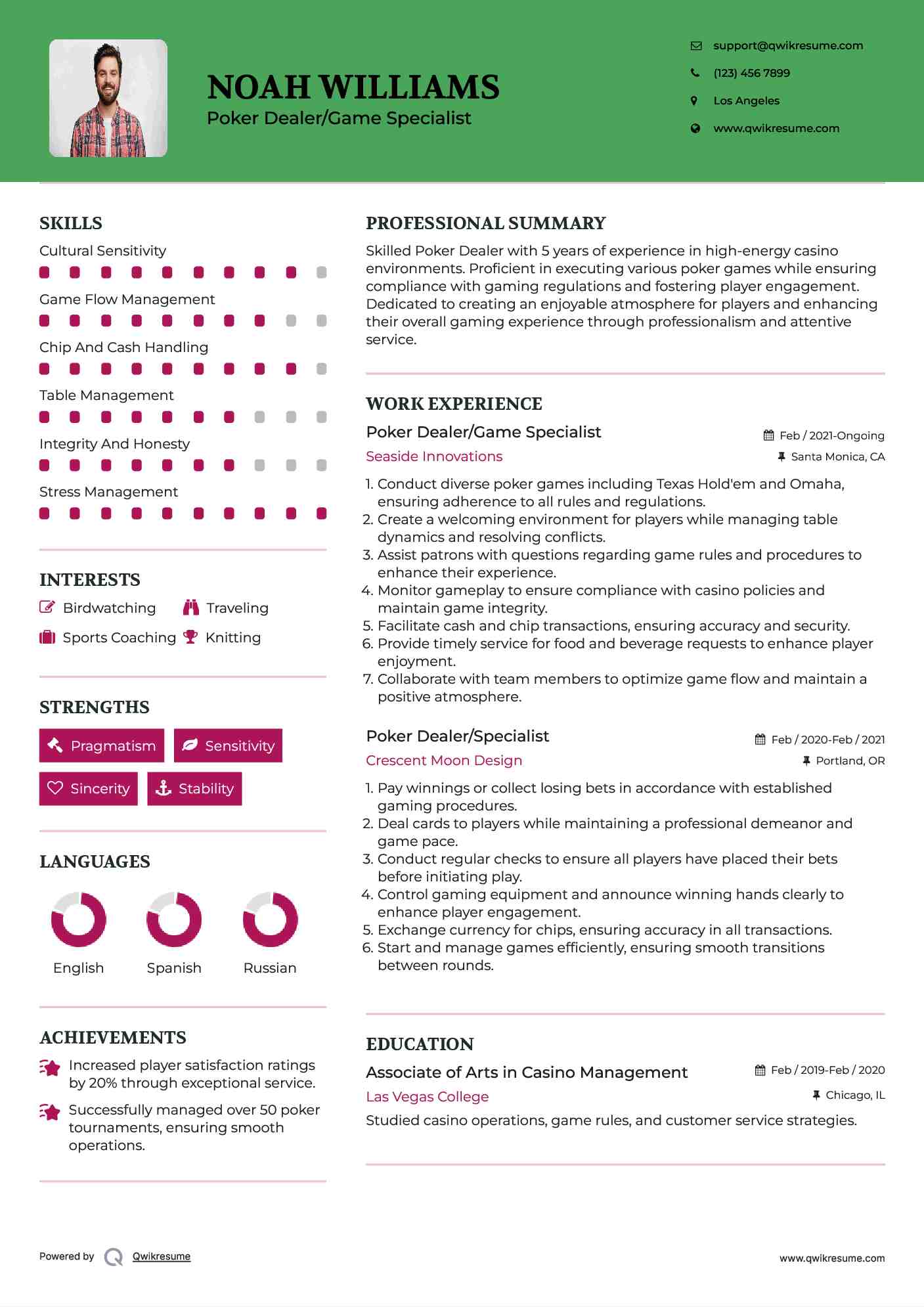 Poker Dealer/Game Specialist Resume Example