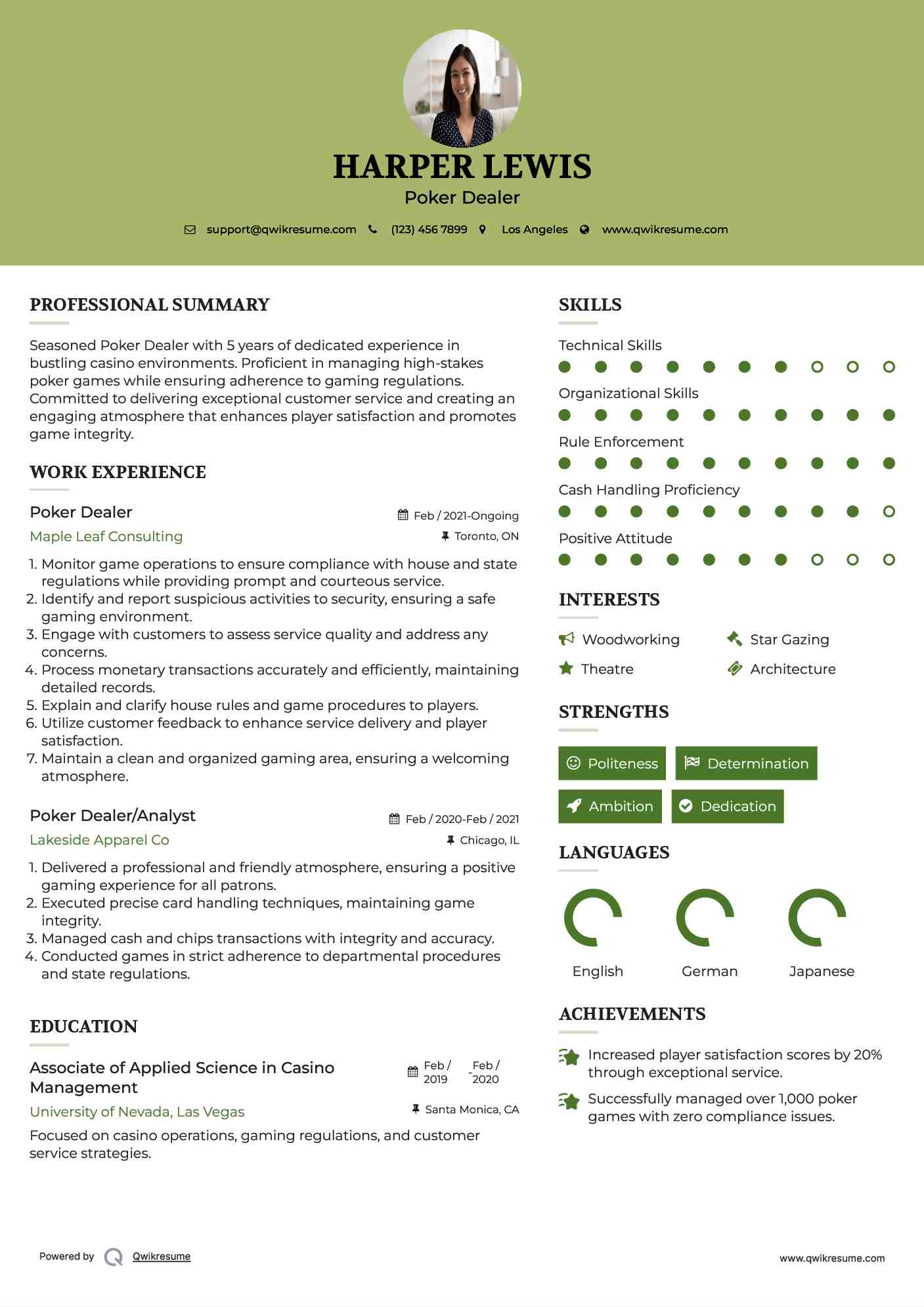 Poker Dealer Resume Example