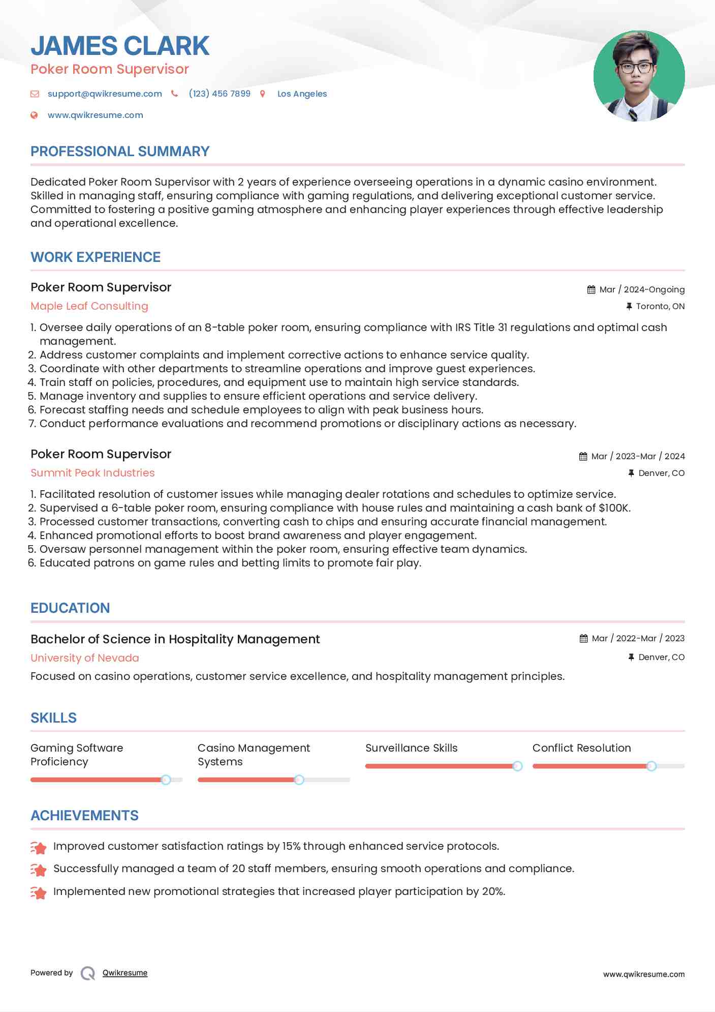 Poker Room Supervisor Resume Sample