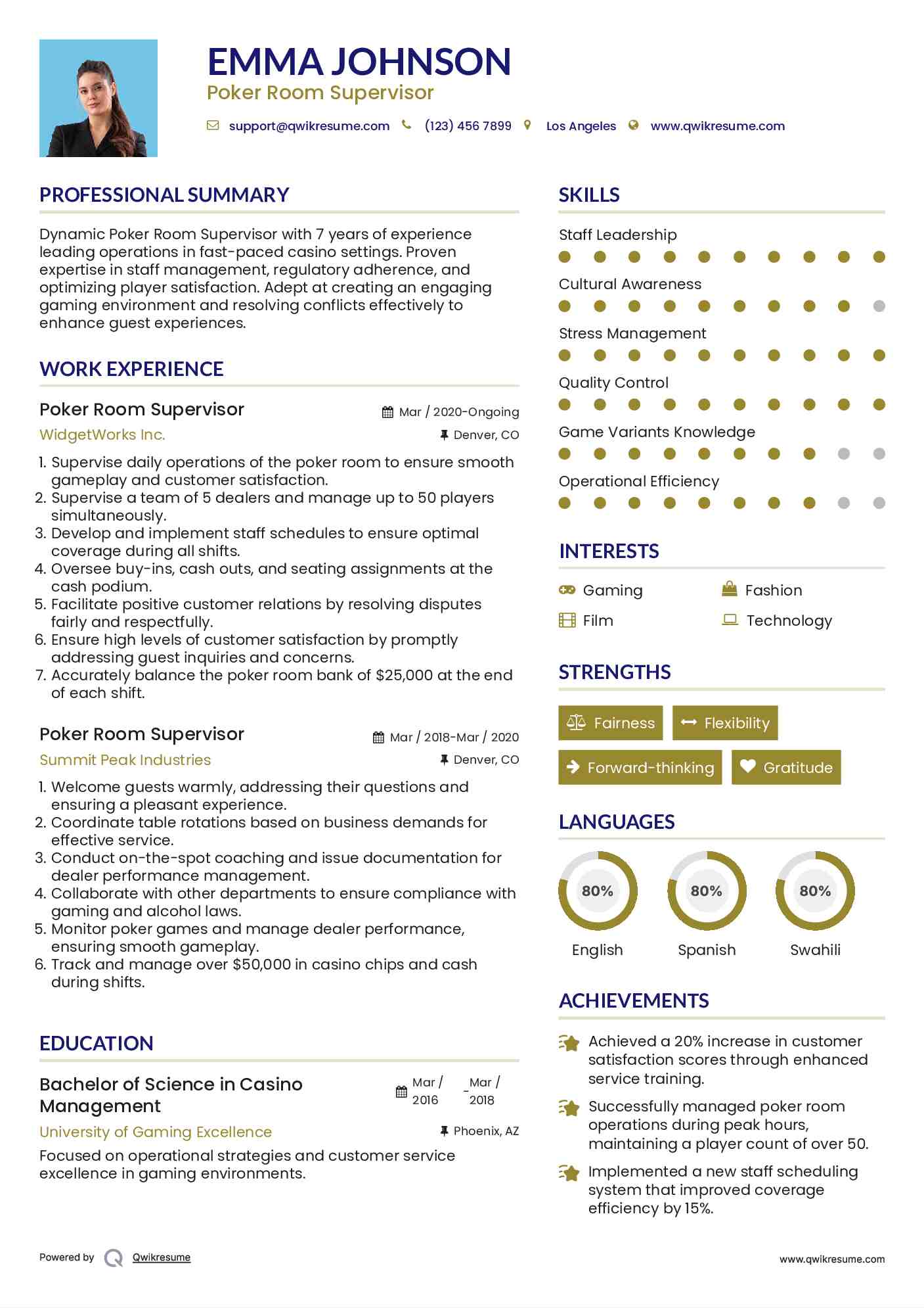 Poker Room Supervisor Resume Model