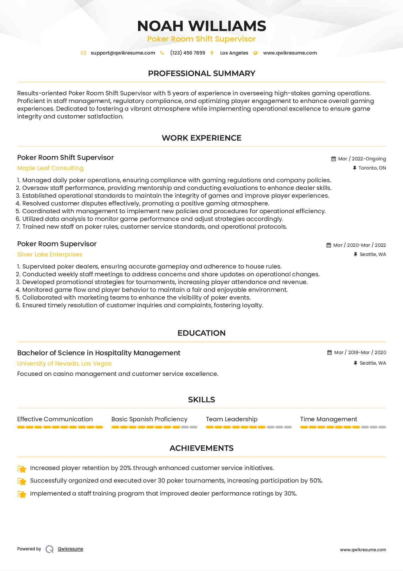 Poker Room Shift Supervisor Resume Format