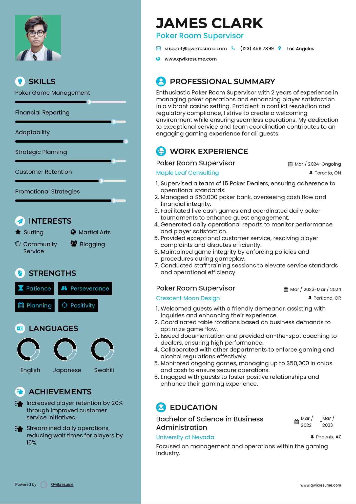 Poker Room Supervisor Resume Model