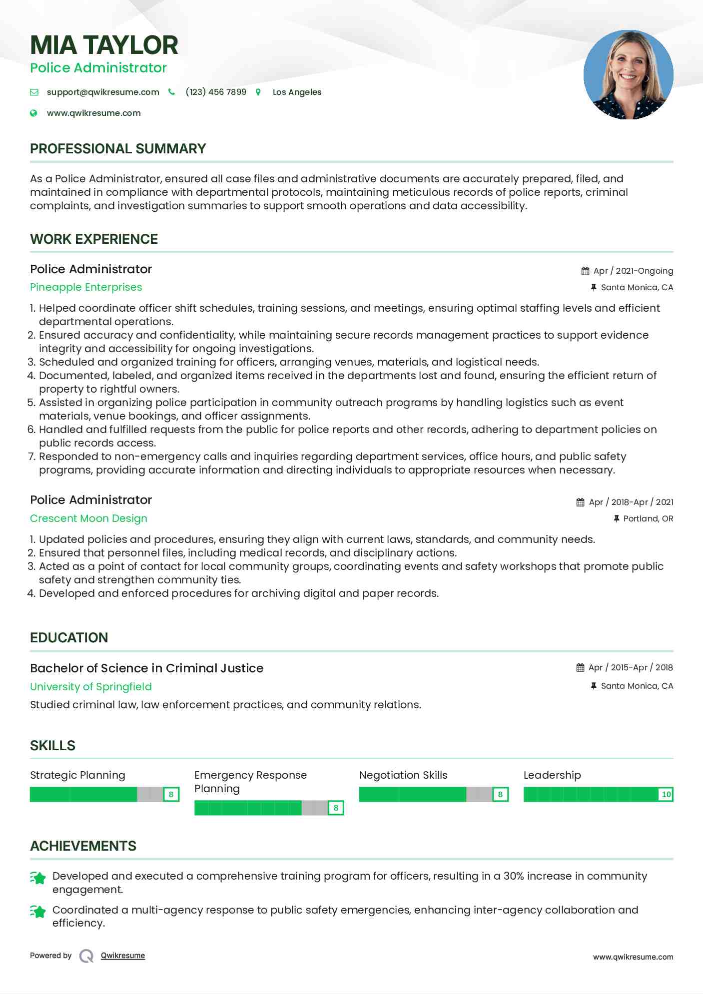 Police Administrator Resume Format