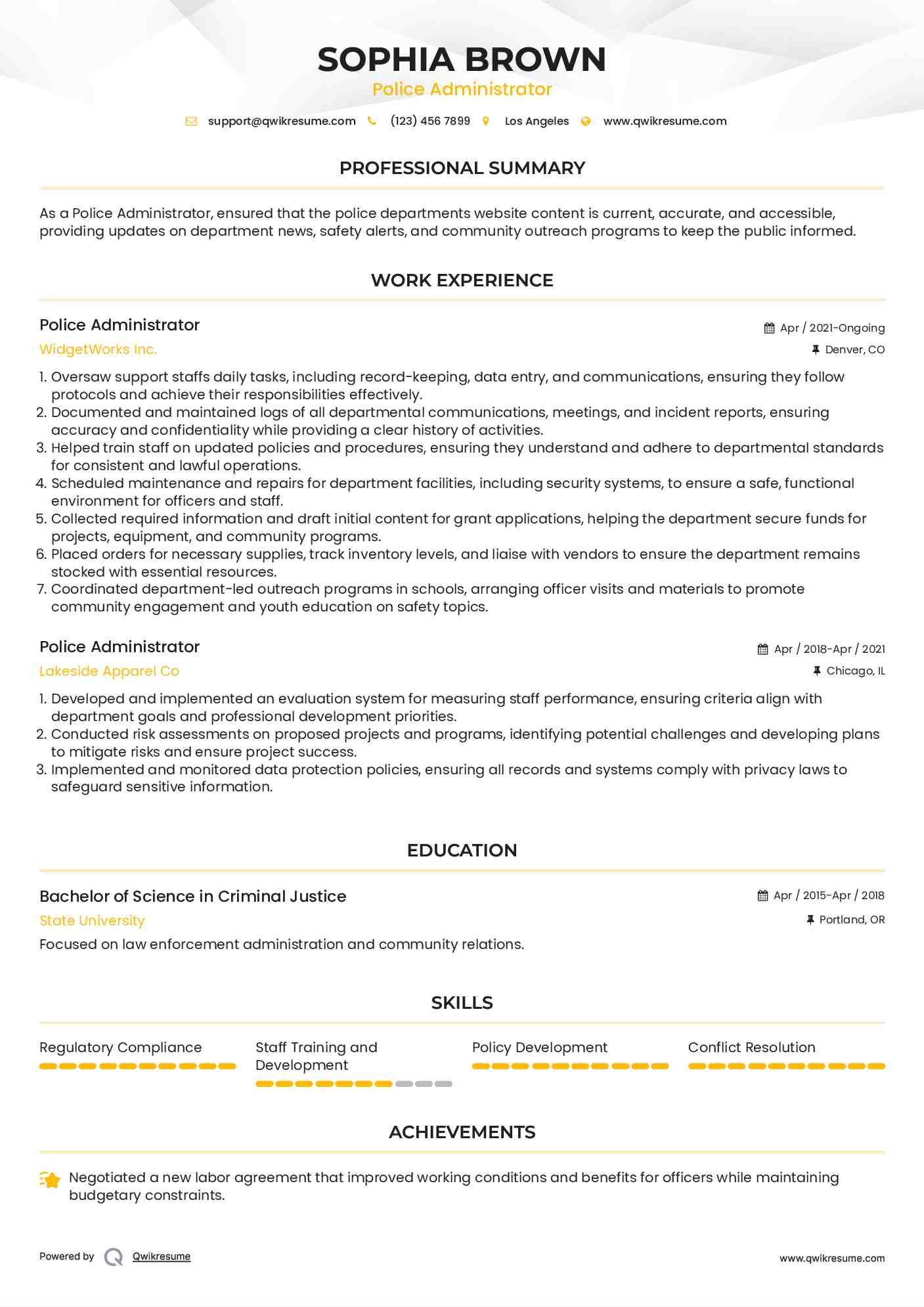 Police Administrator Resume Format