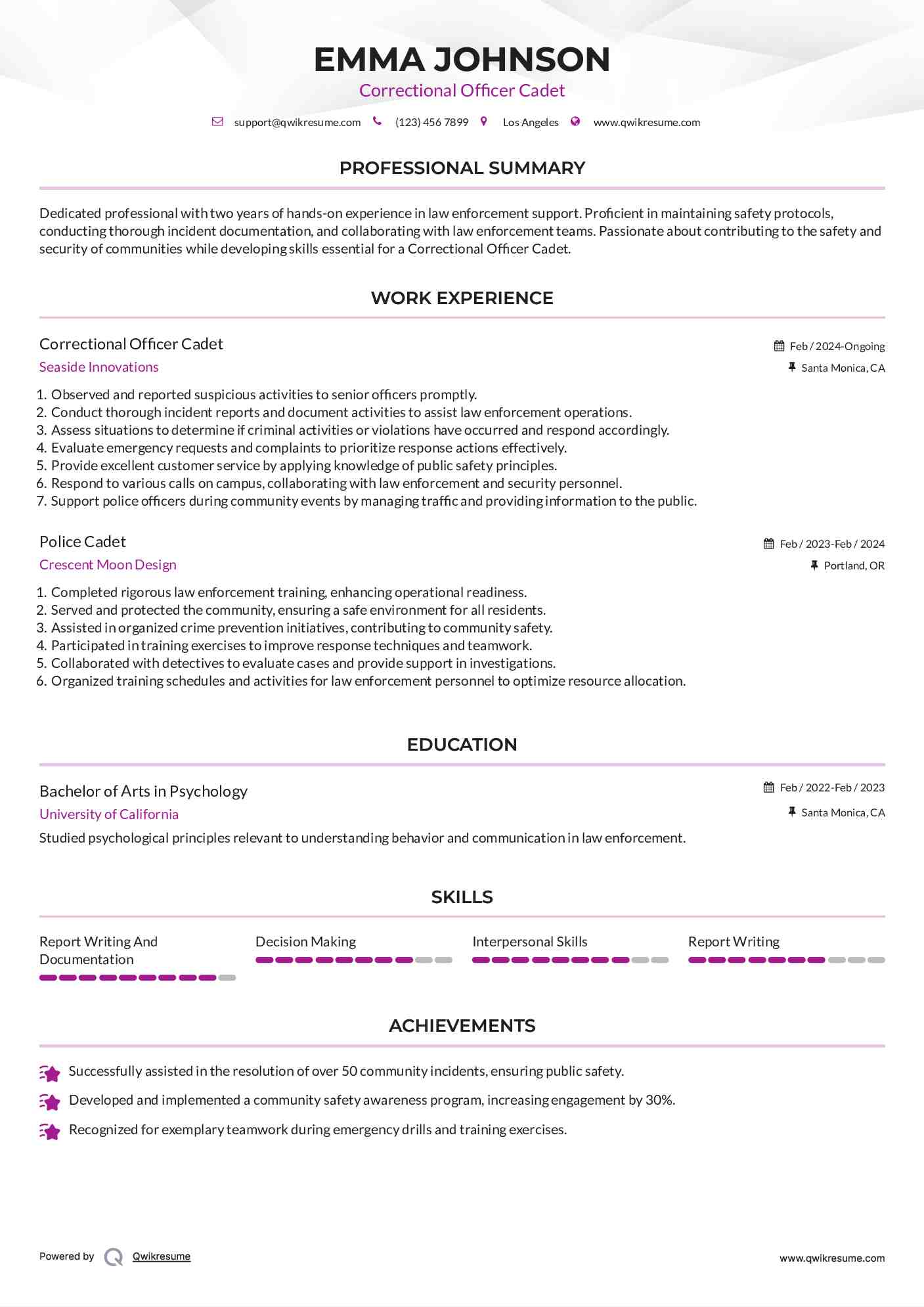 Correctional Officer Cadet
 Resume Example