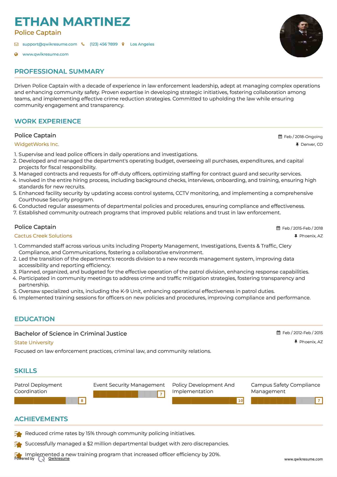 Police Captain Resume Sample