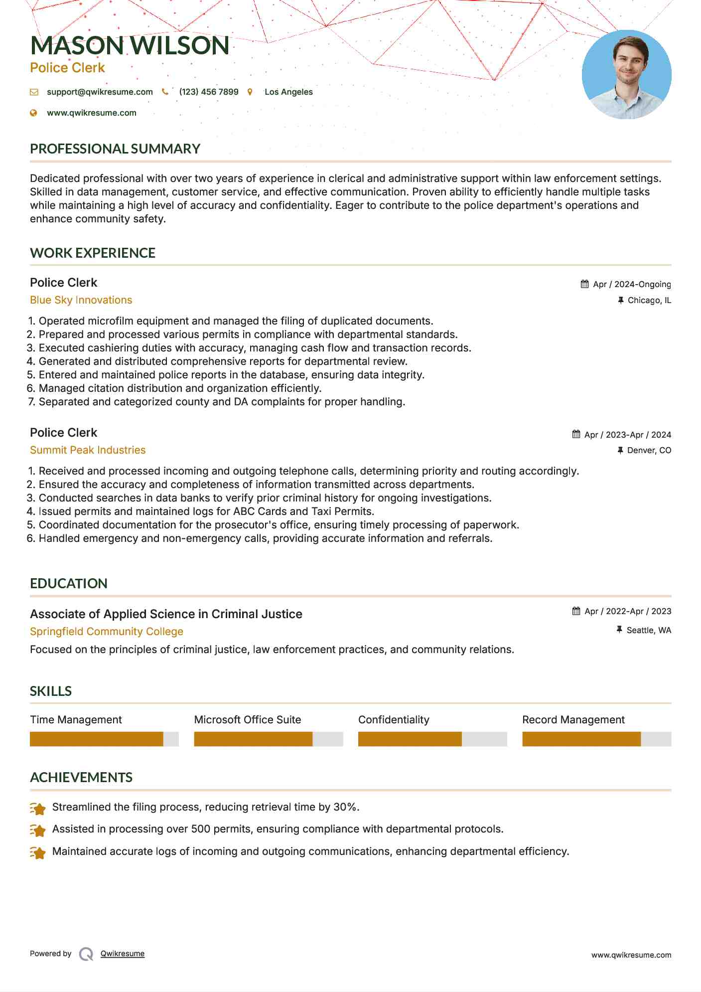 Police Clerk Resume Model