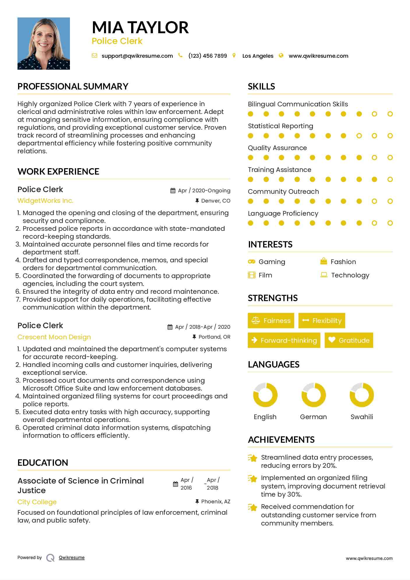 Police Clerk Resume Format