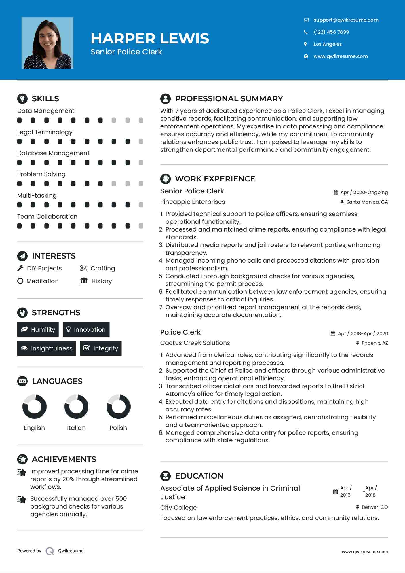 Senior Police Clerk Resume Template
