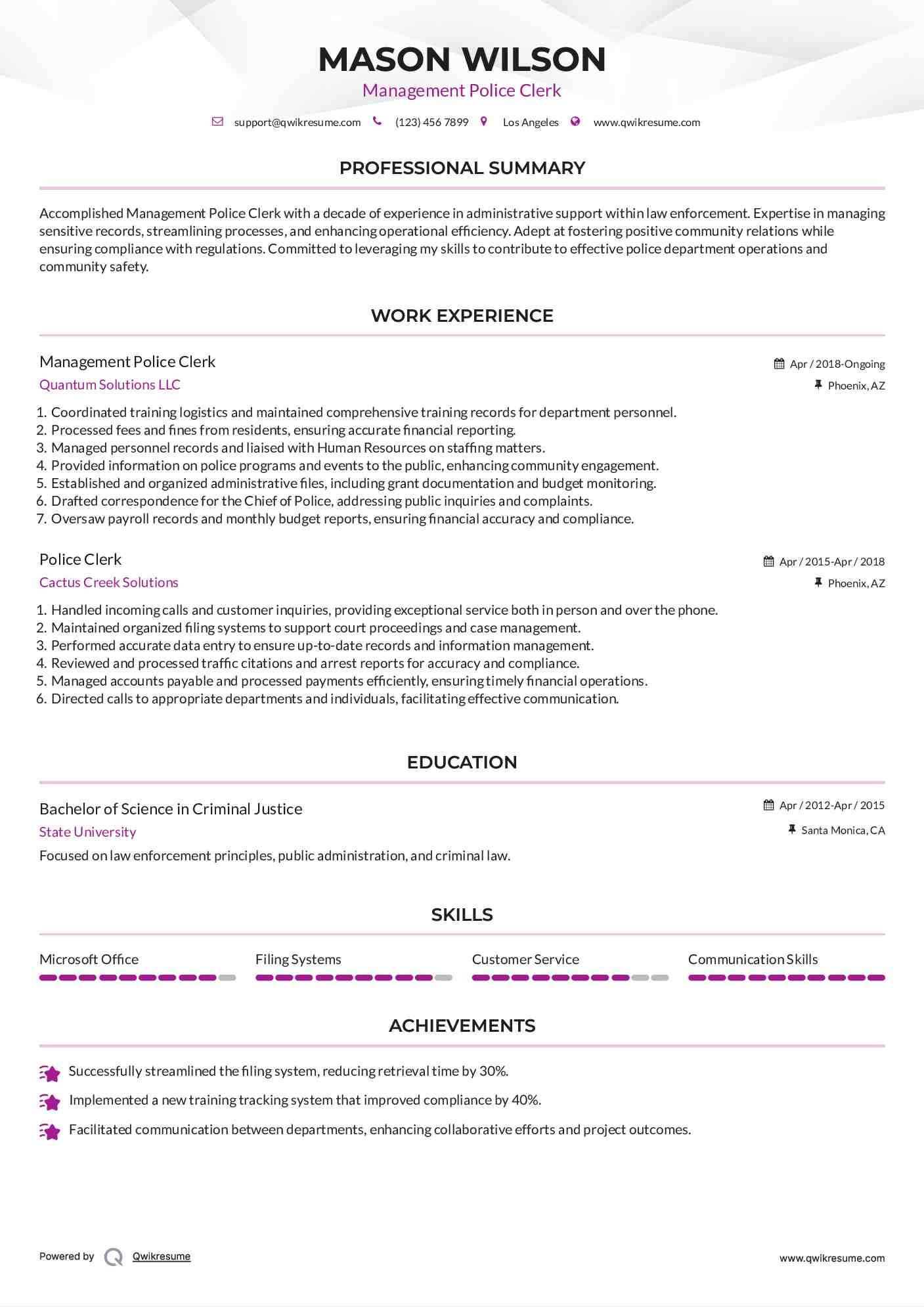 Management Police Clerk Resume Model