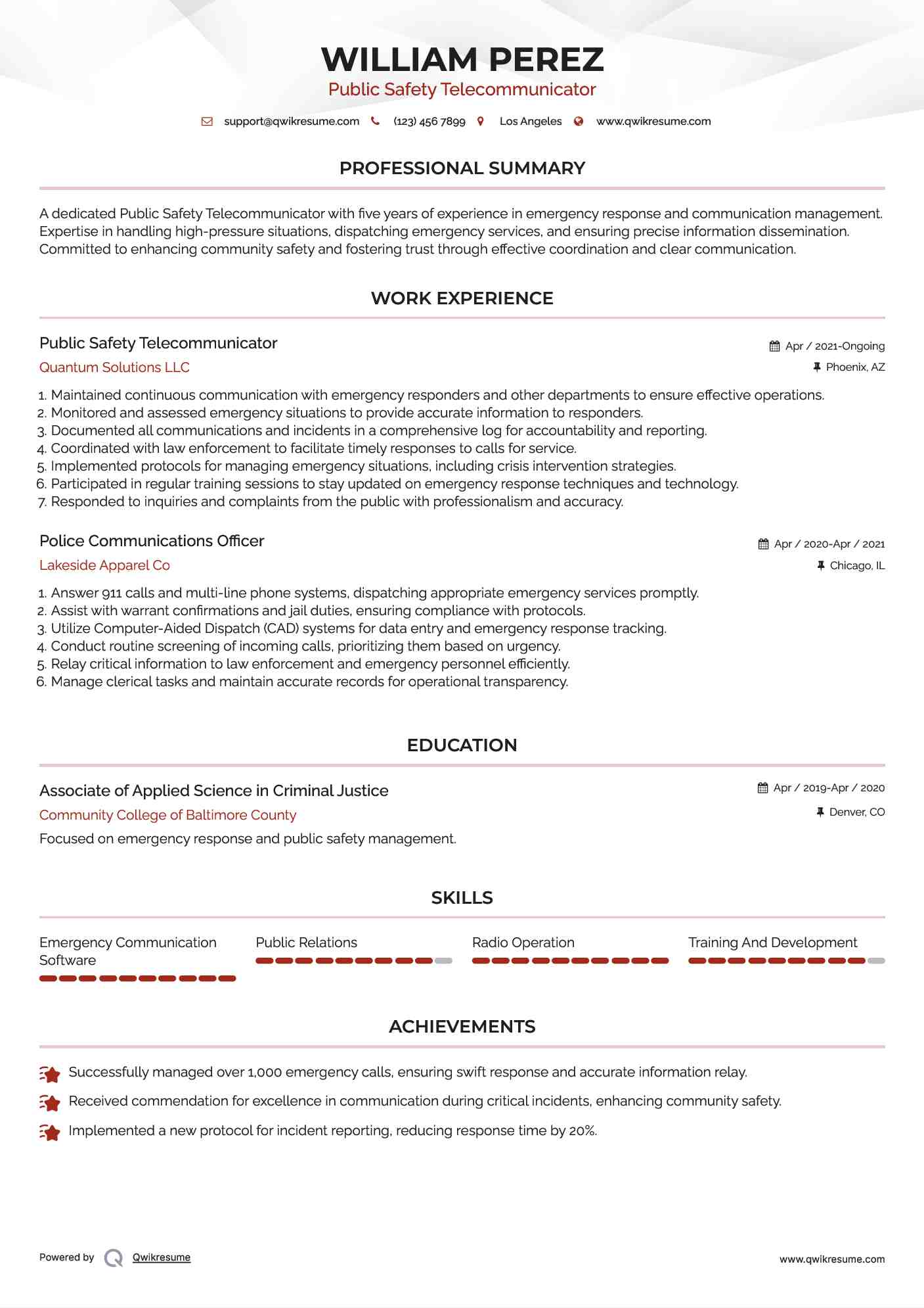 Public Safety Telecommunicator Resume Example