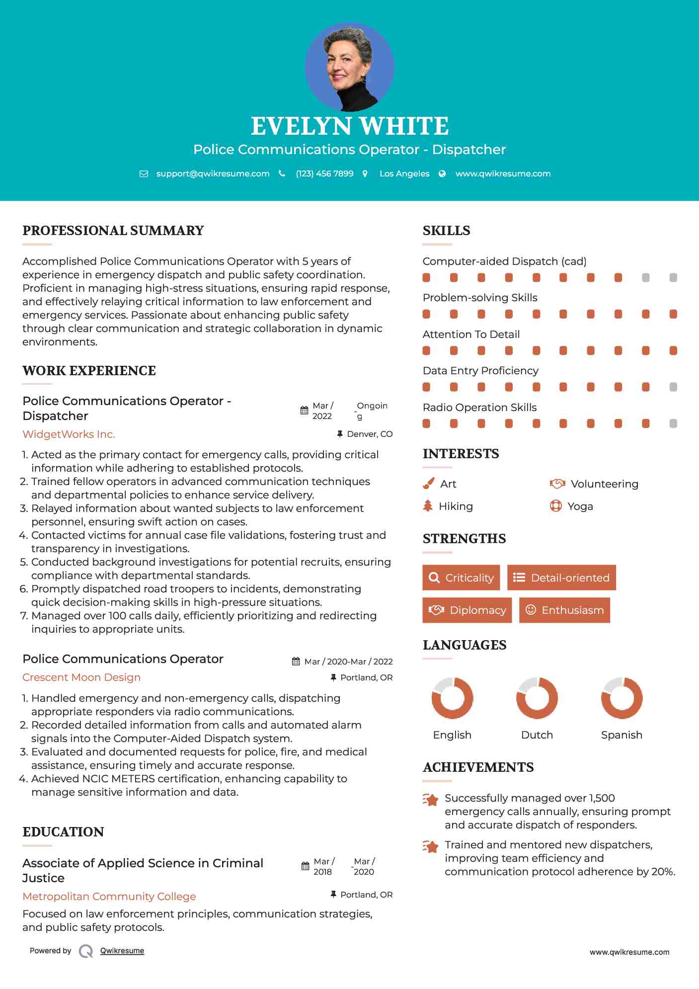 Police Communications Operator - Dispatcher Resume Model