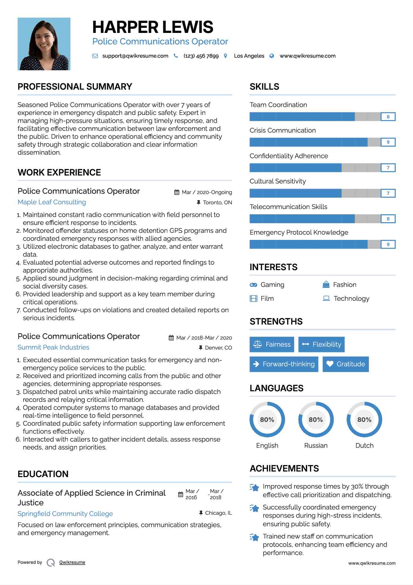 Police Communications Operator Resume Sample