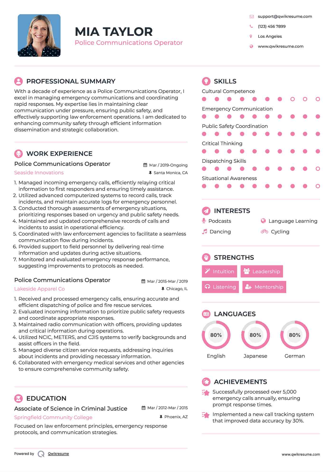 Police Communications Operator Resume Sample