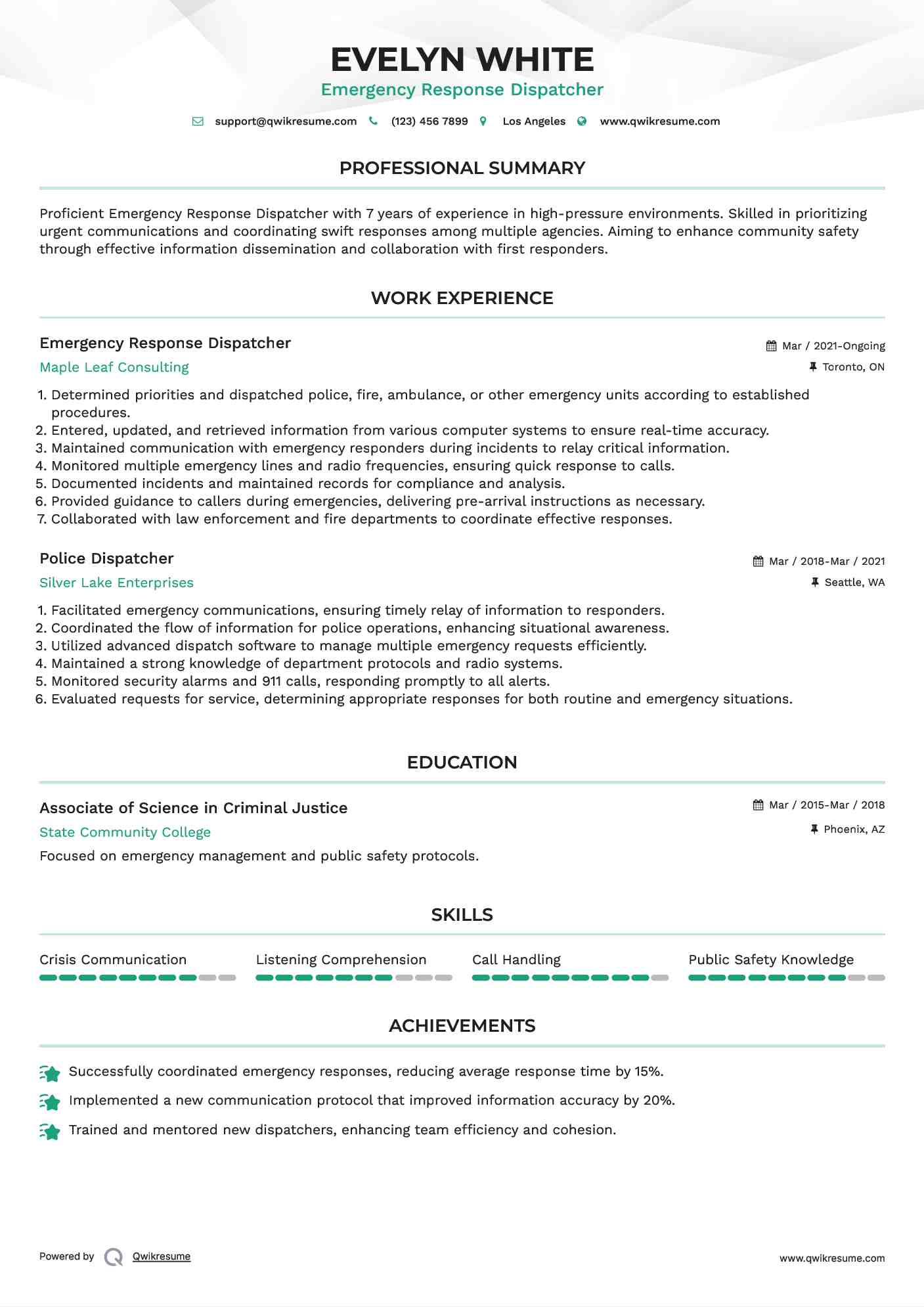 Emergency Response Dispatcher Resume Template