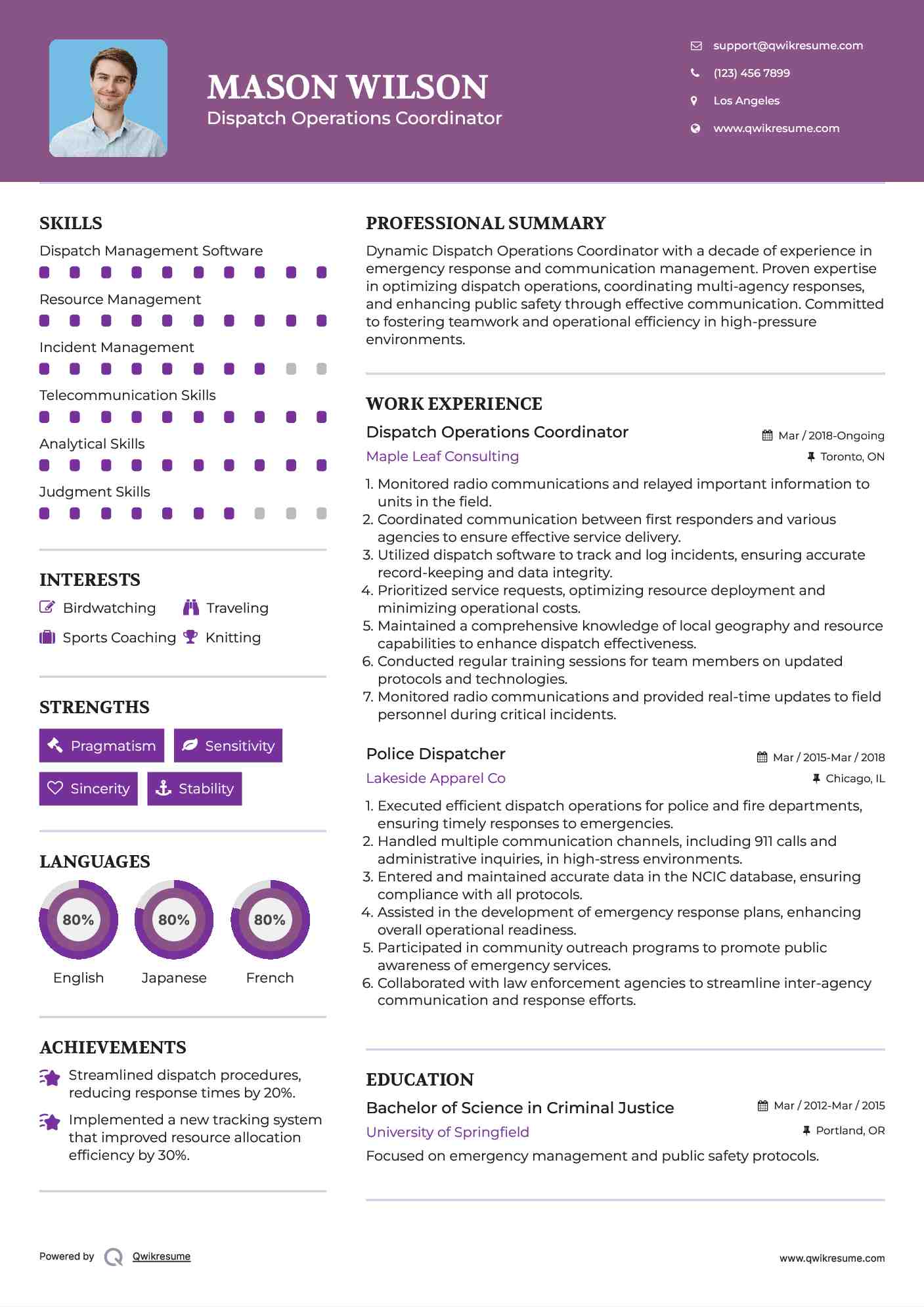 Dispatch Operations Coordinator Resume Template