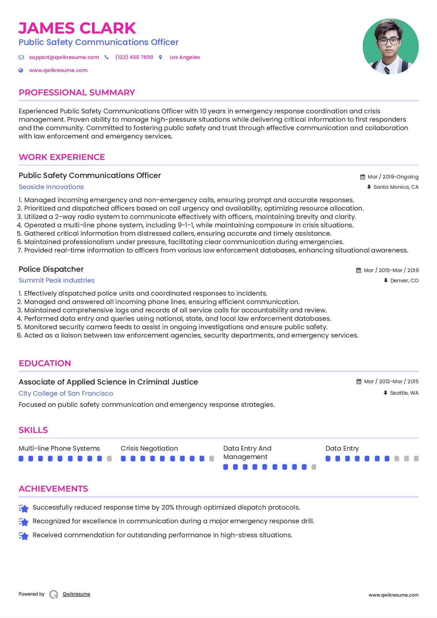 Public Safety Communications Officer Resume Template