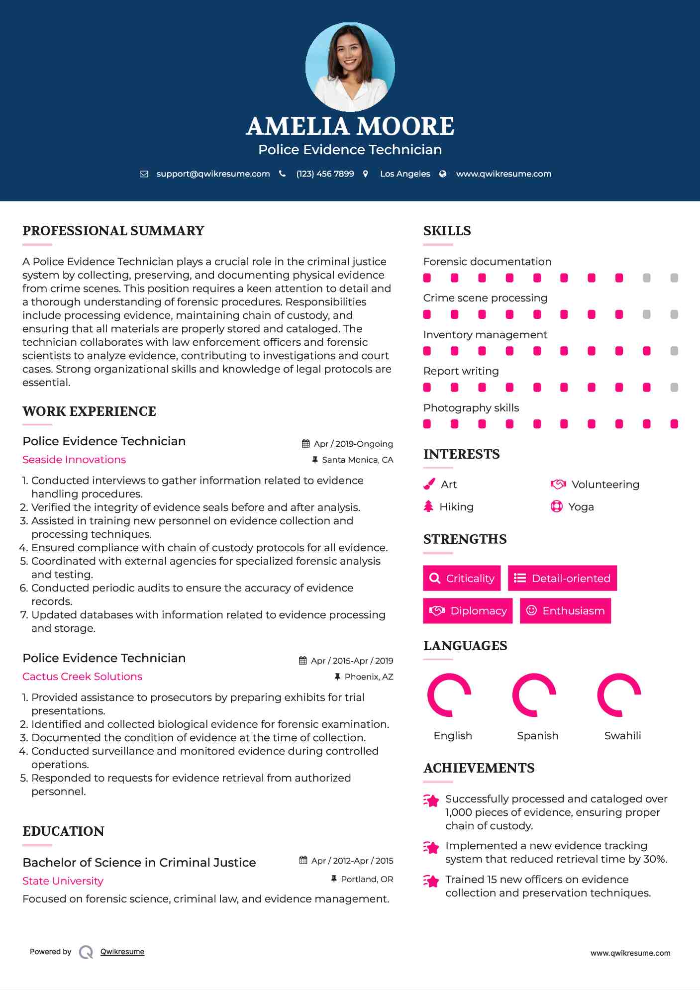Police Evidence Technician Resume Sample