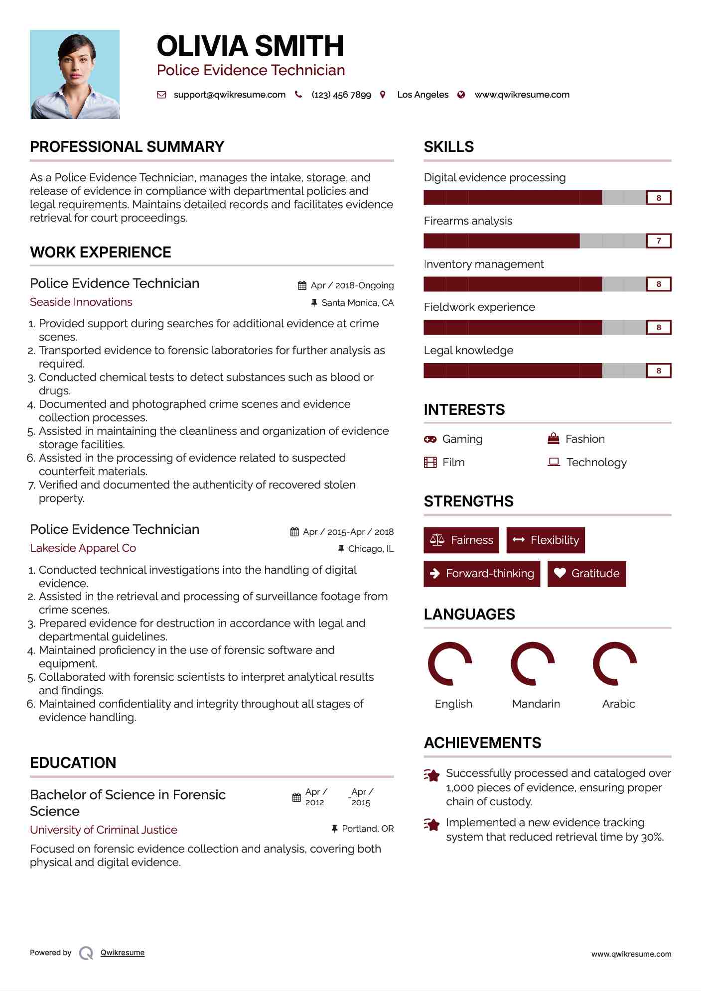 Police Evidence Technician Resume Example
