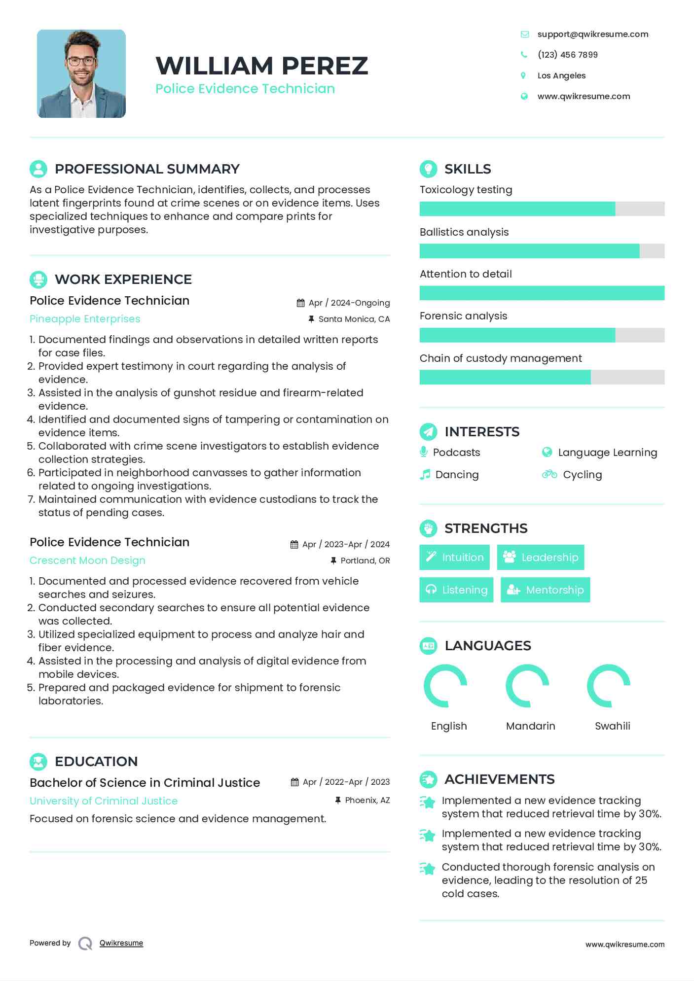 Police Evidence Technician Resume Model