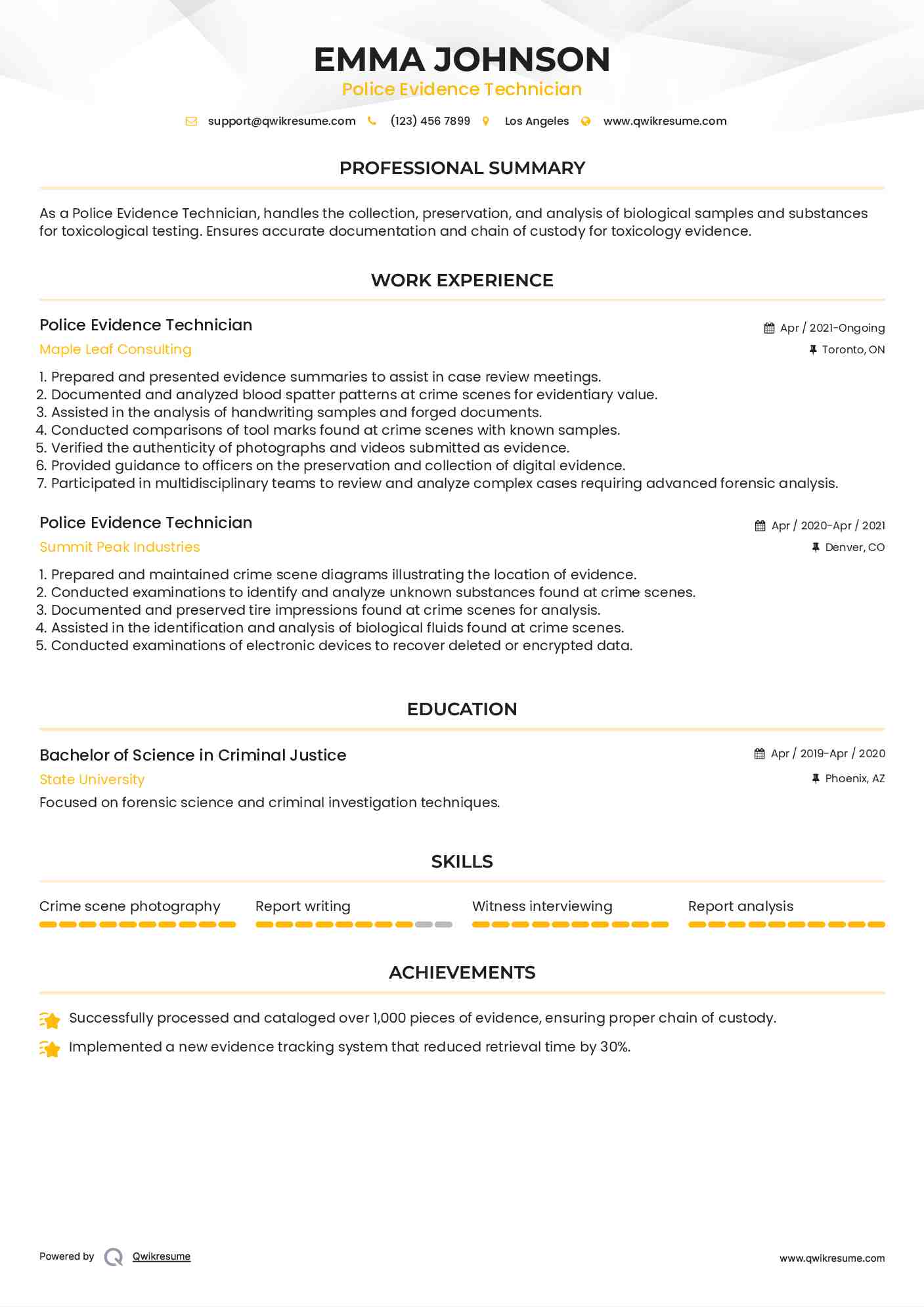 Police Evidence Technician Resume Example