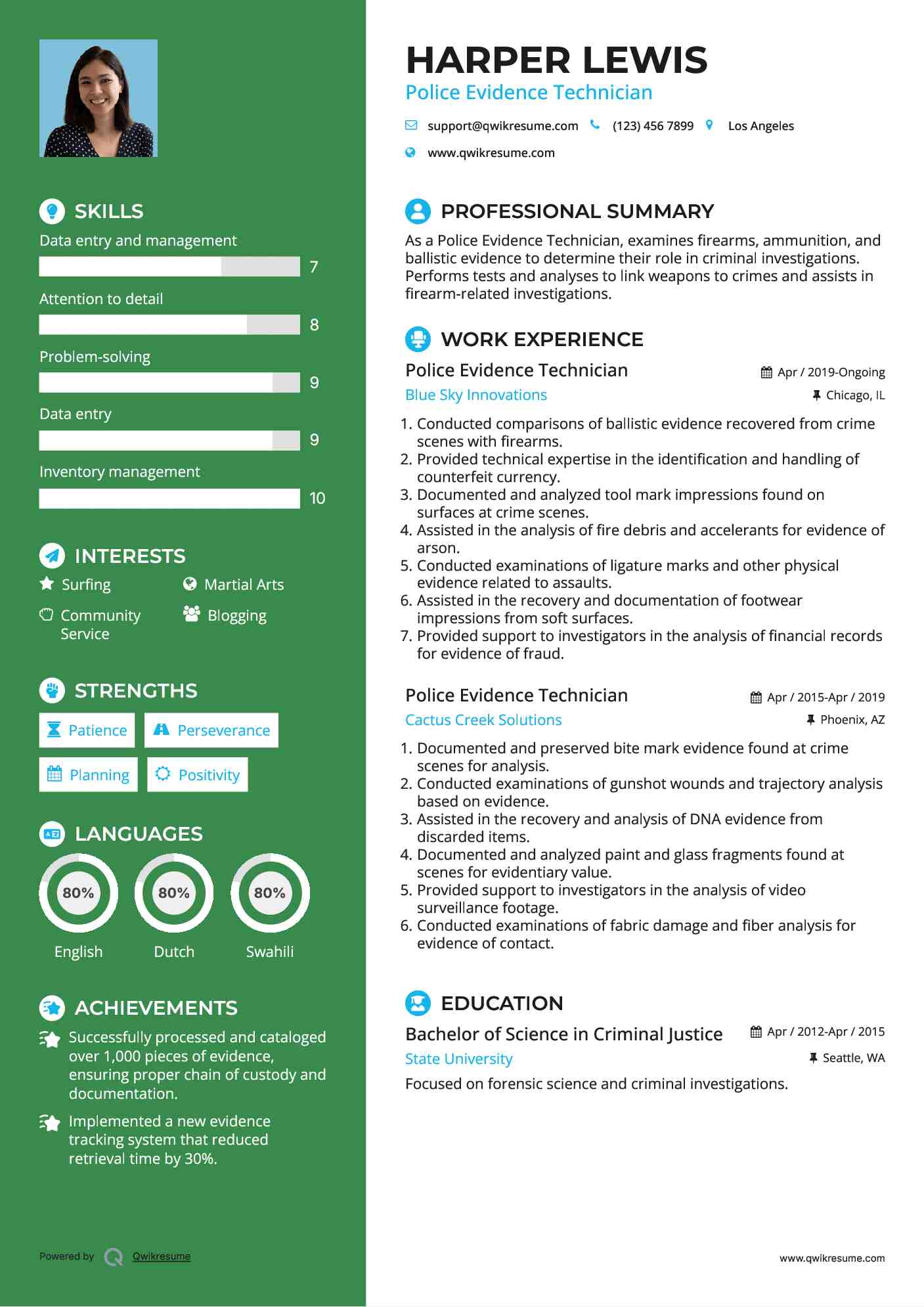 Police Evidence Technician Resume Example