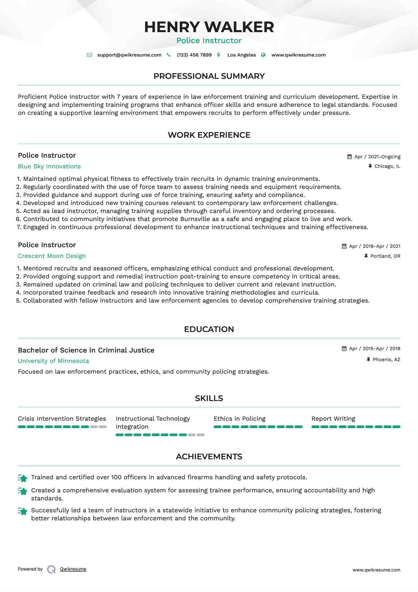 Police Instructor Resume Model