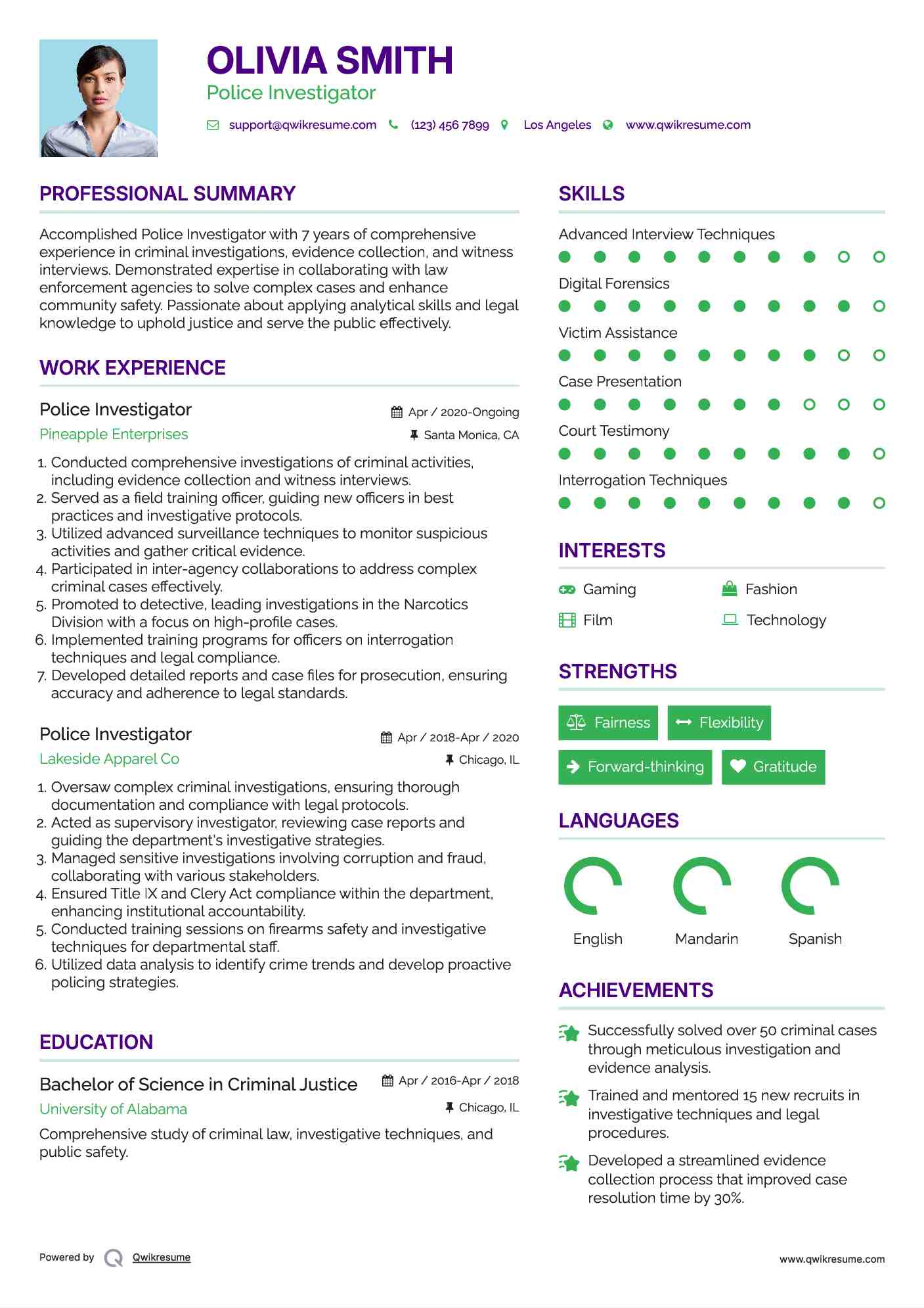 Police Investigator Resume Sample