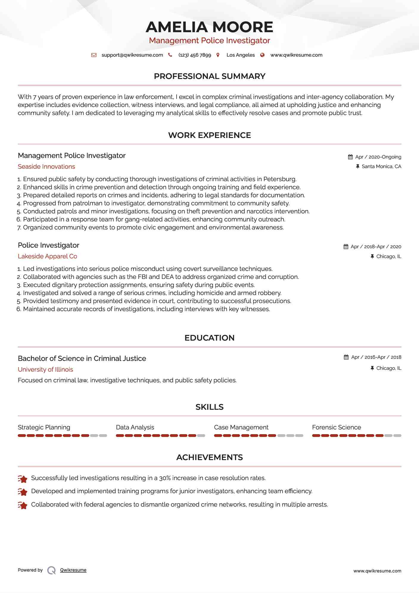 Management Police Investigator Resume Example