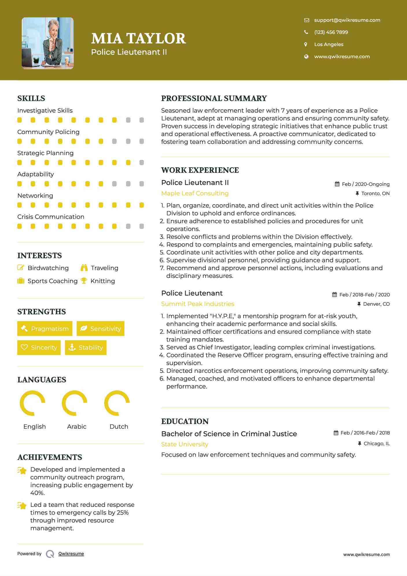 Police Lieutenant II Resume Template