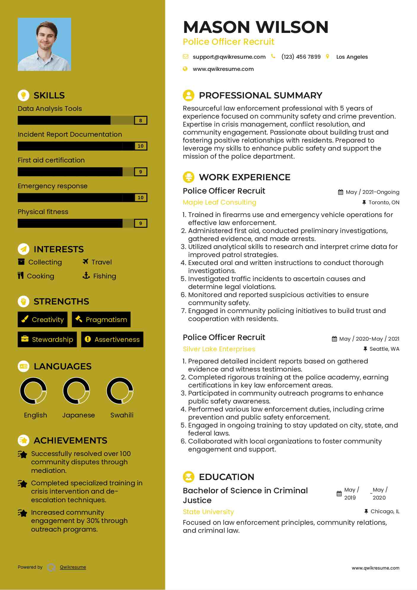 Police Officer Recruit Resume Sample