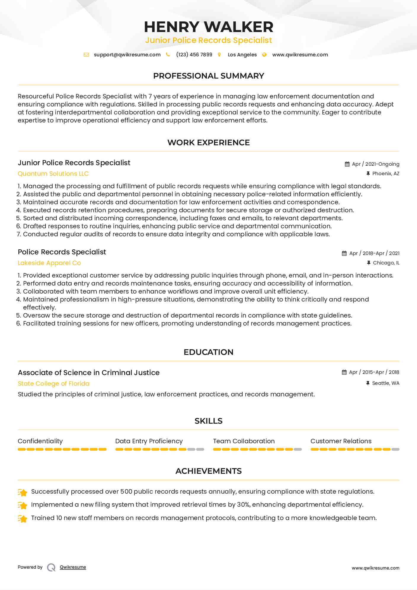 Junior Police Records Specialist Resume Template