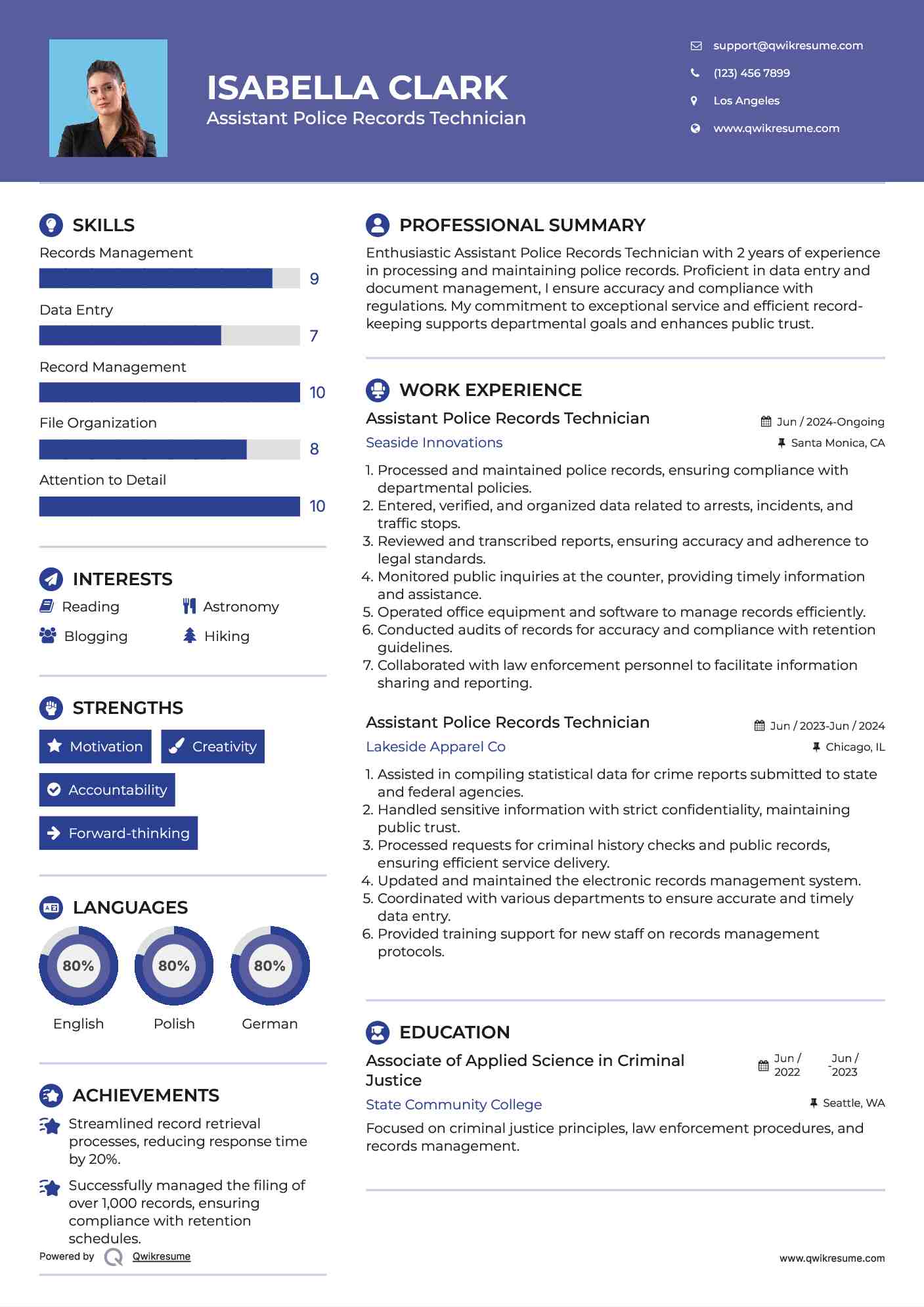 Assistant Police Records Technician Resume Format