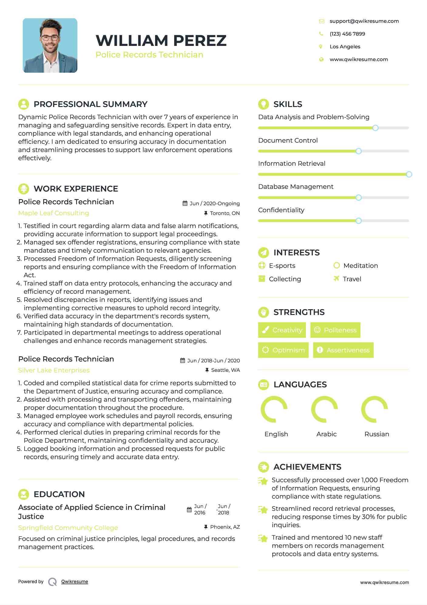 Police Records Technician Resume Format